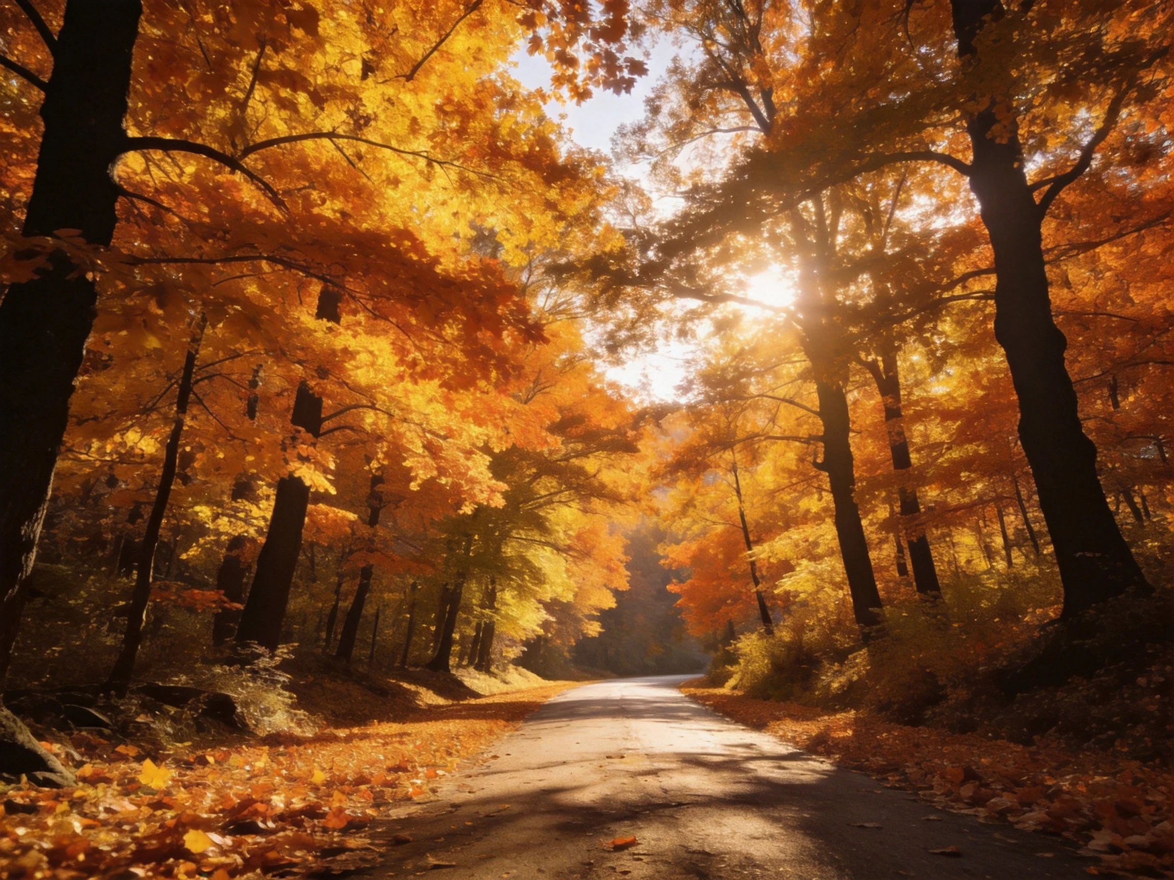 Autumn Forest Road with Golden Orange Canopy