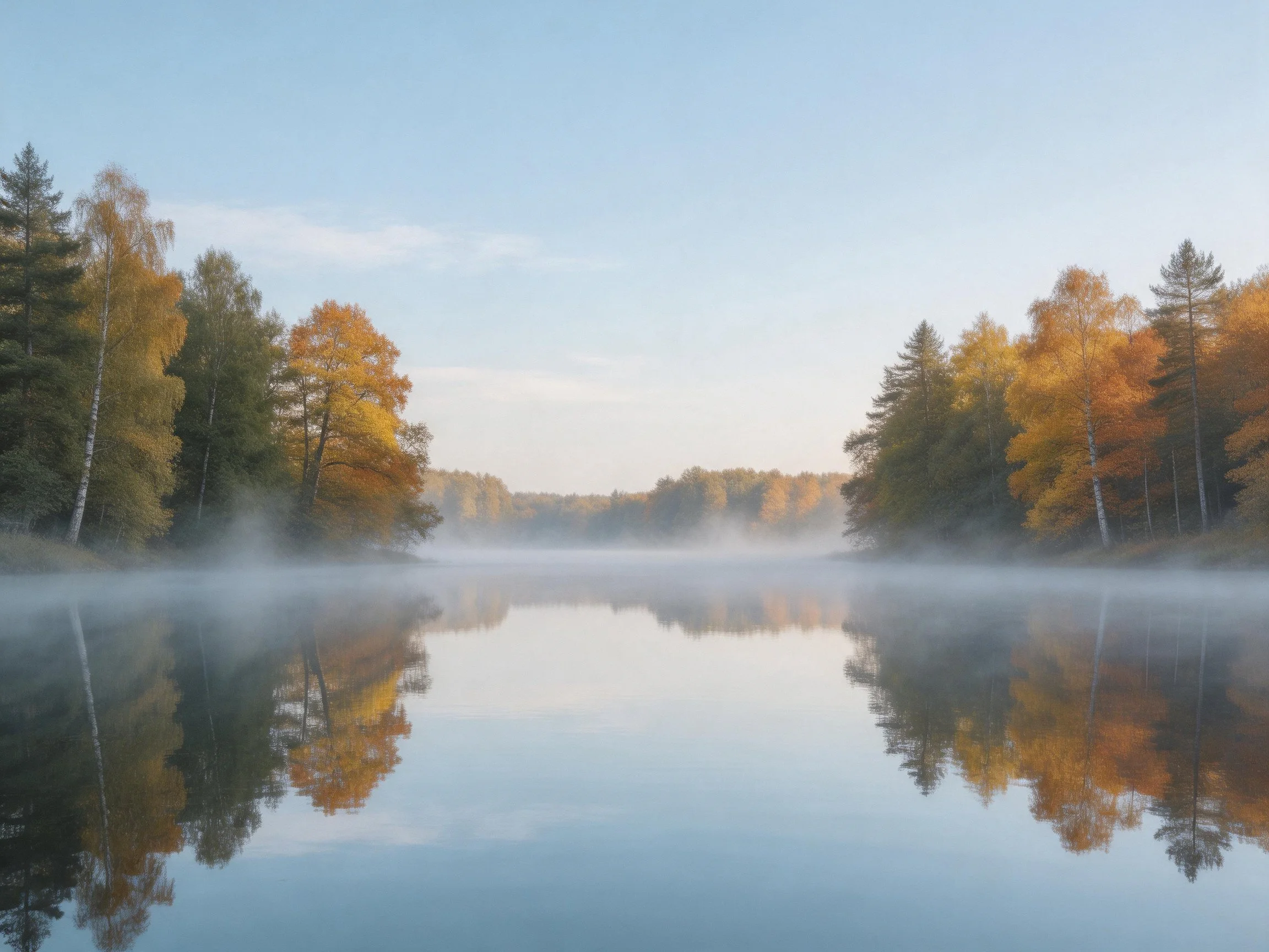 Autumn Lake Reflecting Colorful Trees Amidst Morning Mist