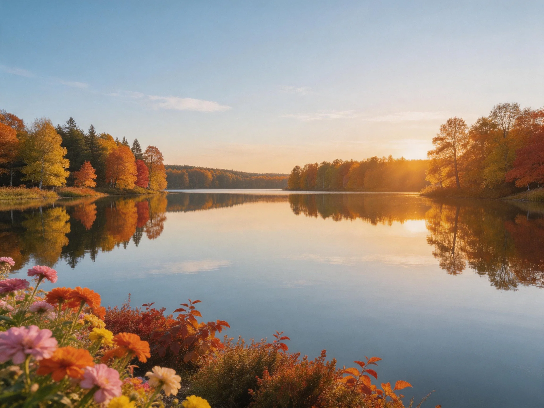 Autumn Lake Reflection with Colorful Foliage and Golden Sunset
