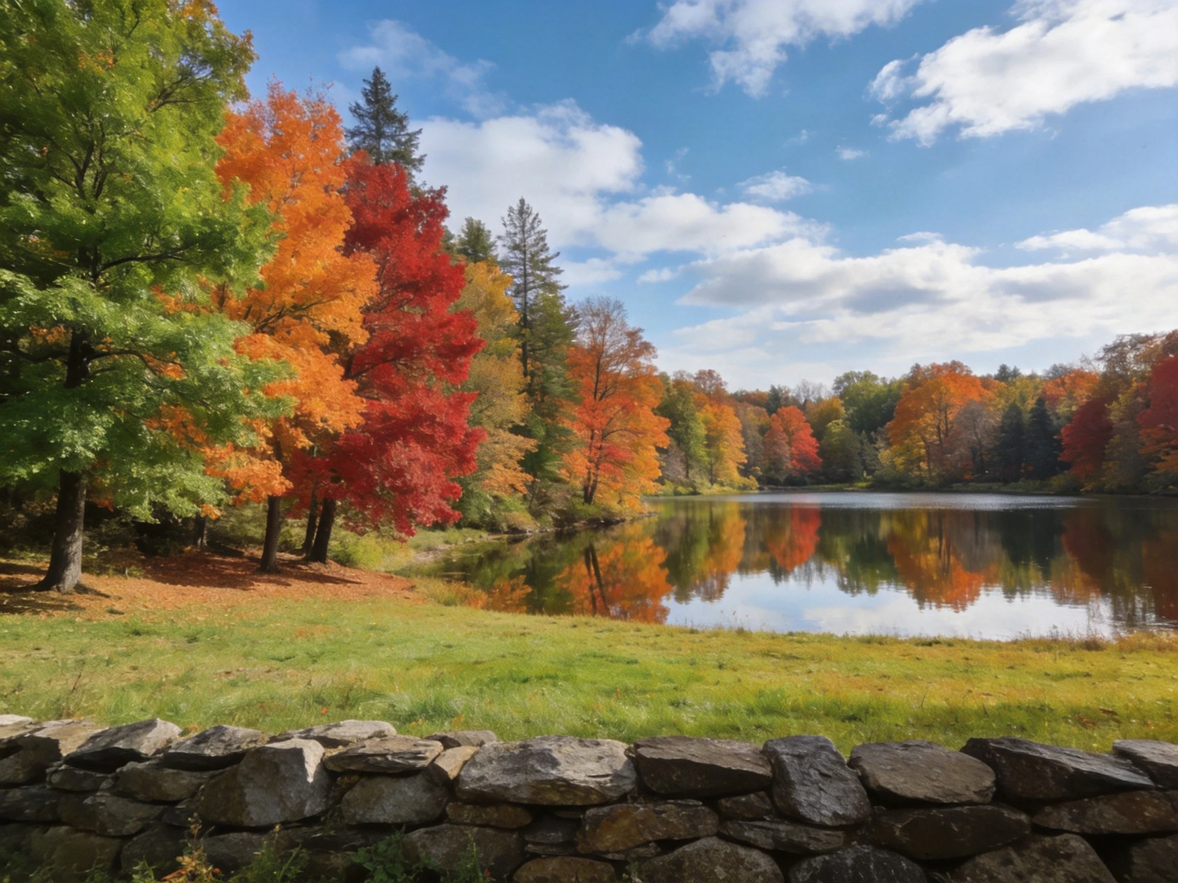 Autumn Lake with Vibrant Fall Foliage and Stone Wall