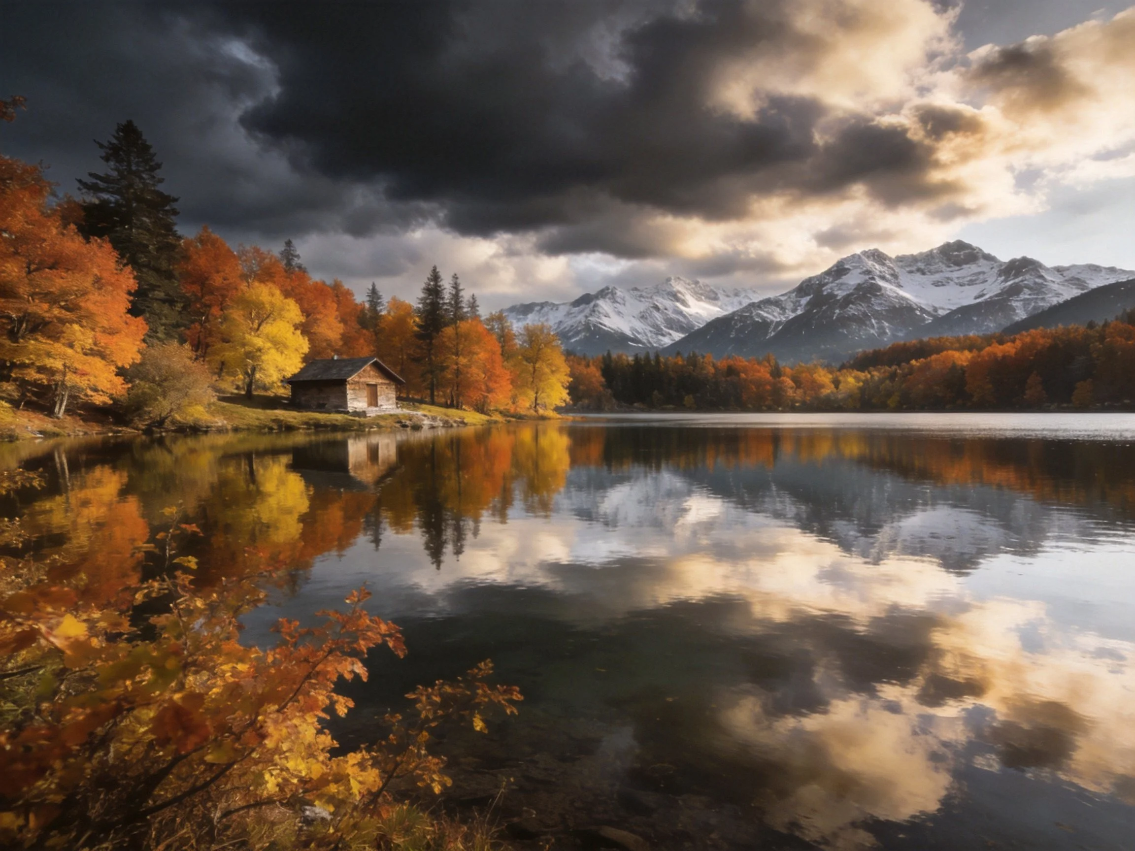 Autumn Lake with Wooden Cabin and Snow-Capped Peaks