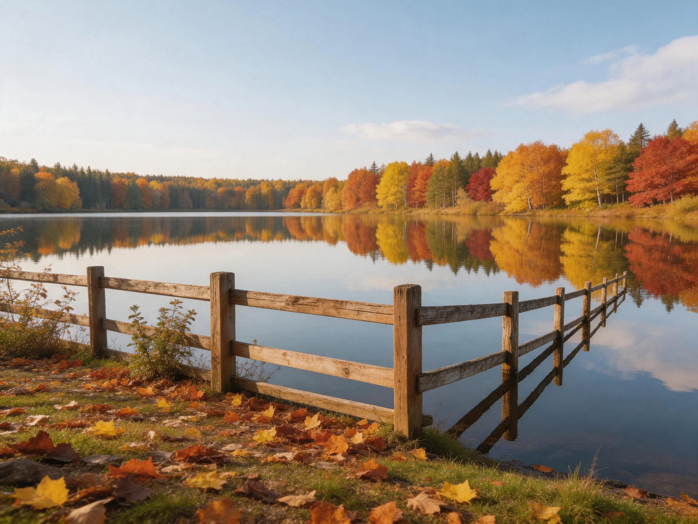 Autumn Lake with Wooden Fence and Vibrant Fall Tree Reflections