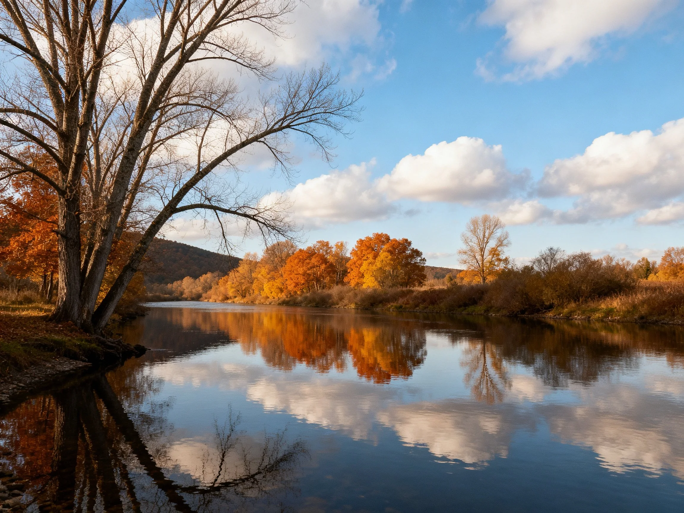 Autumn Landscape with Golden Foliage and Reflective River