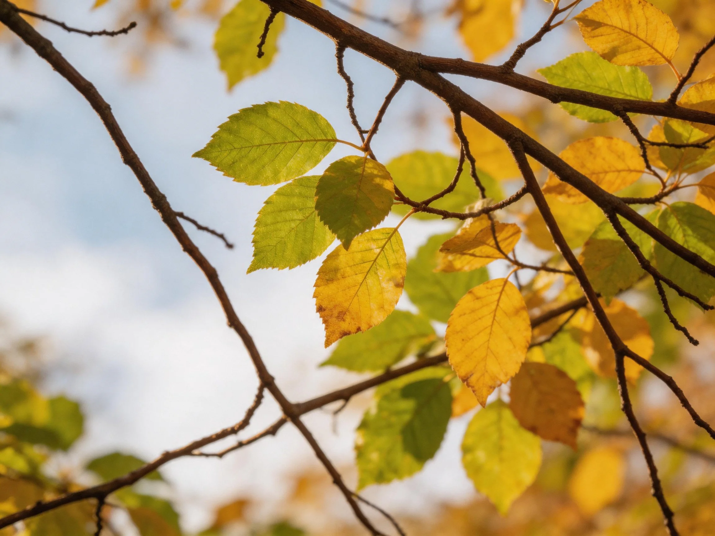 Autumn Leaves Display Golden Yellow and Green Hues on Branches