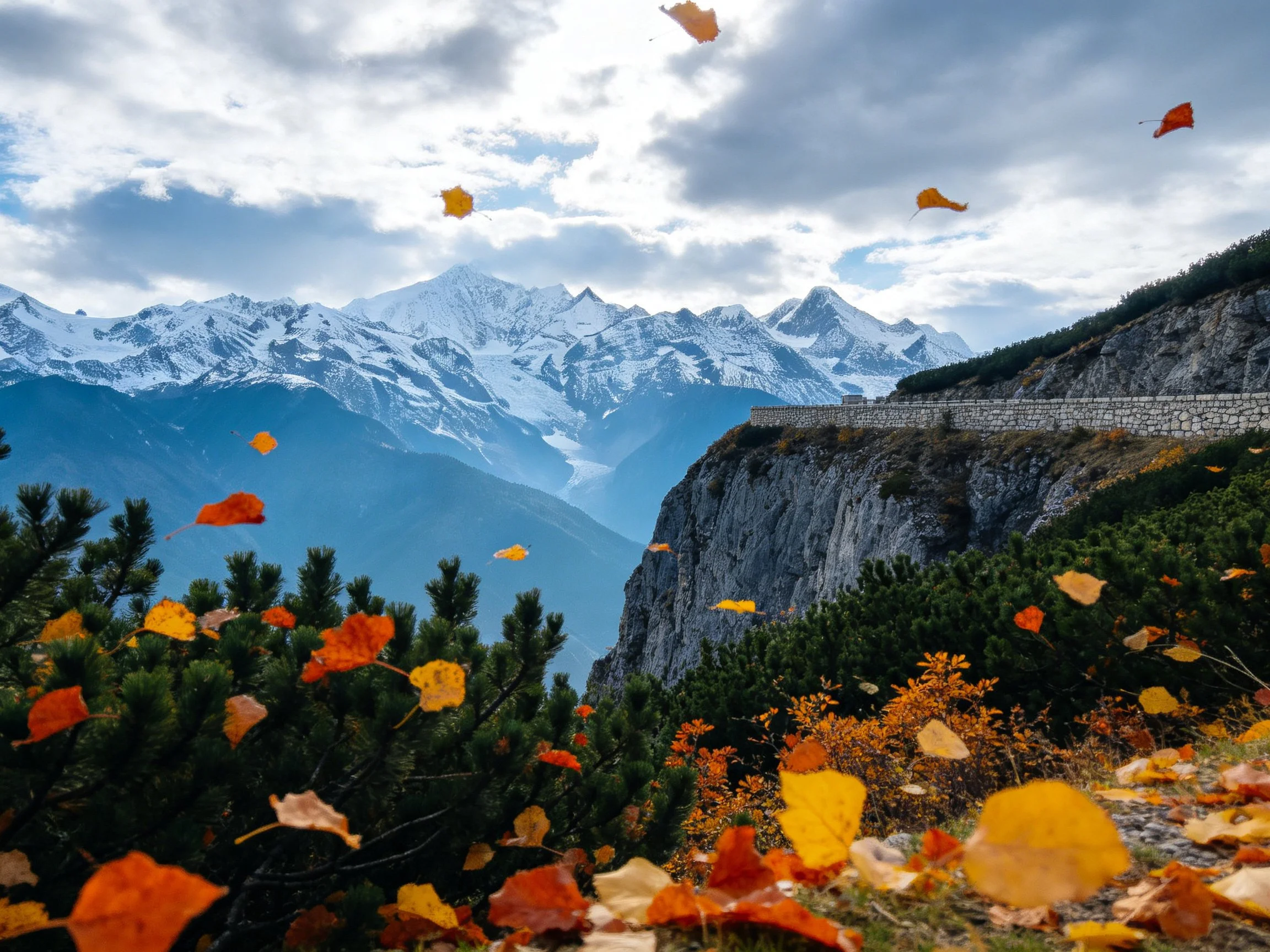 Autumn Leaves Drift by Snow-Capped Peaks Along Cliffside Trail