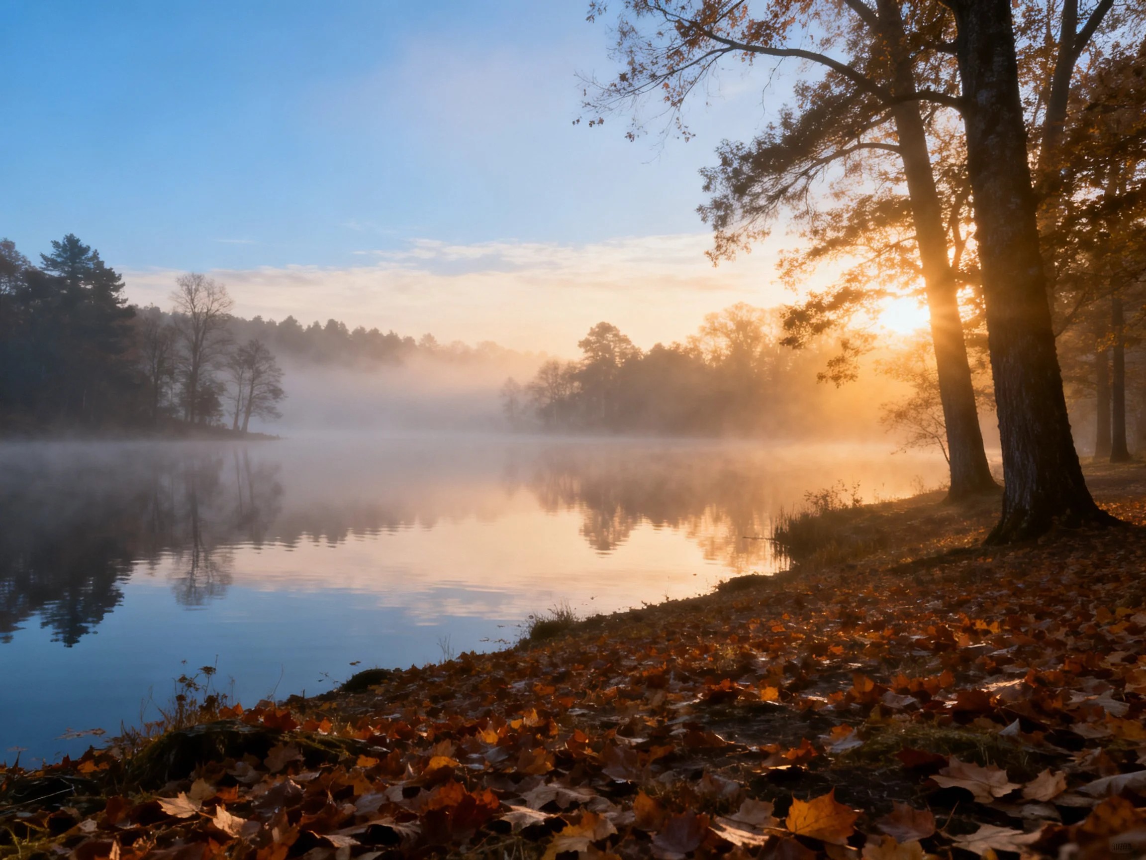 Autumn Morning by a Misty Lake with Golden Foliage