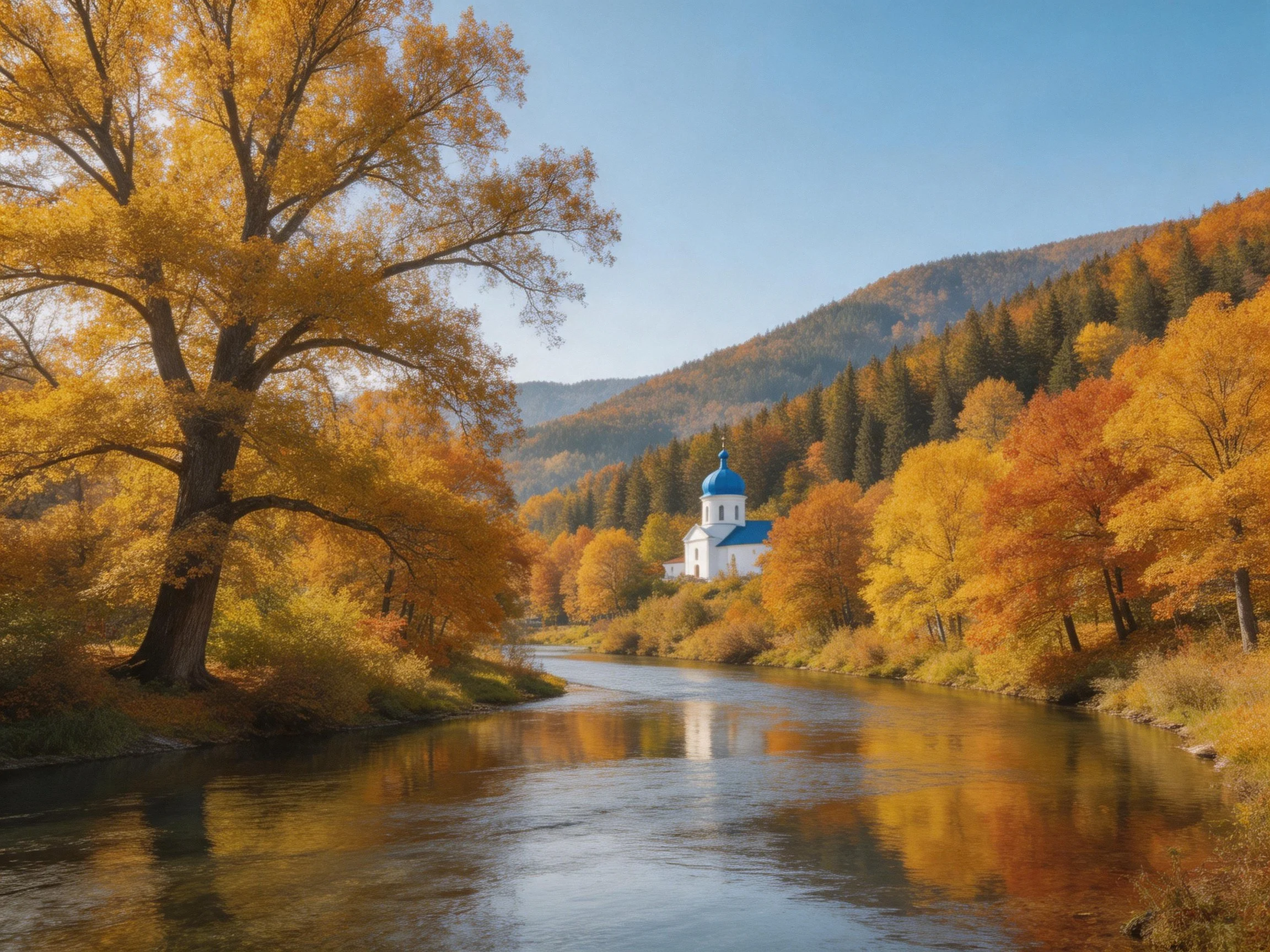Autumn River Landscape with Golden Trees and Blue-Domed Church