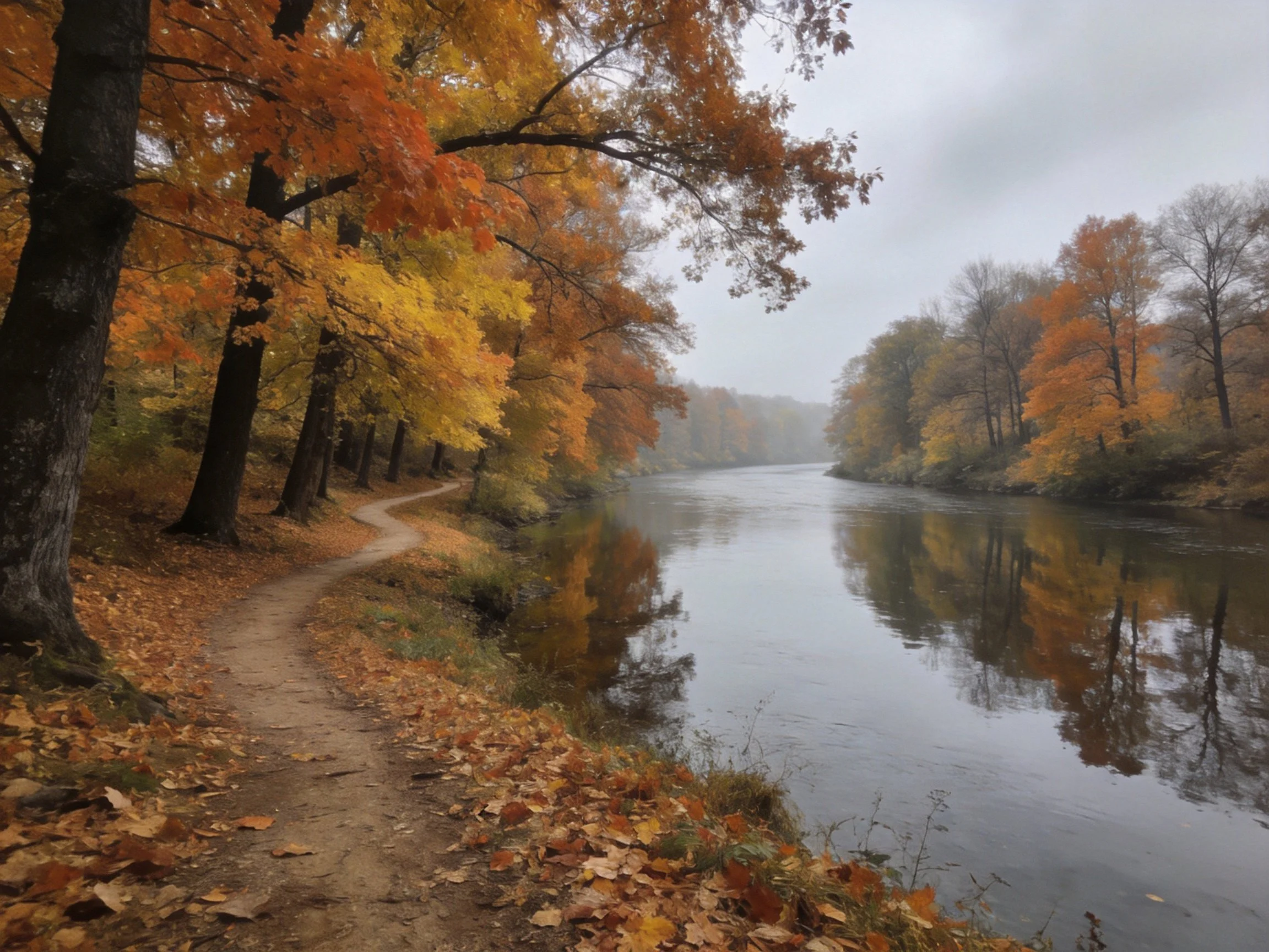 Autumn Riverbank with Vibrant Fall Foliage and Misty Path