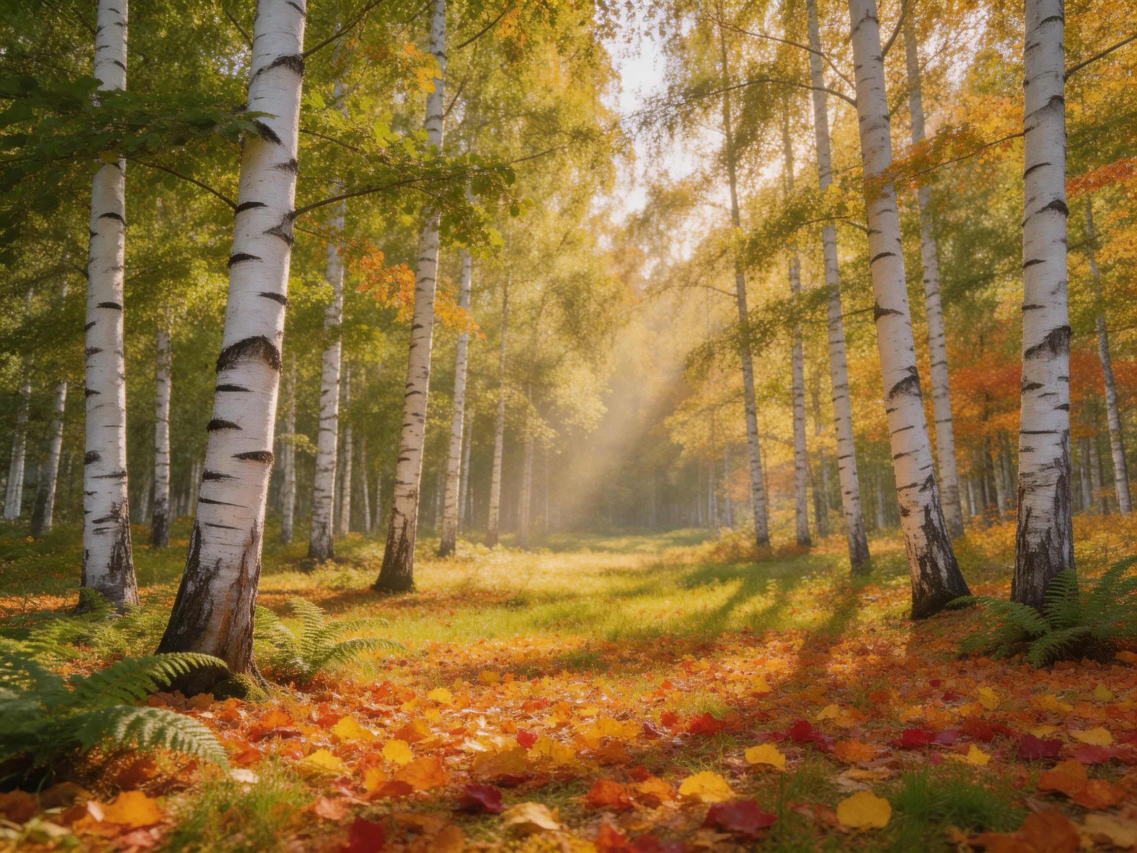 Autumn birch forest with golden sunlight and colorful foliage