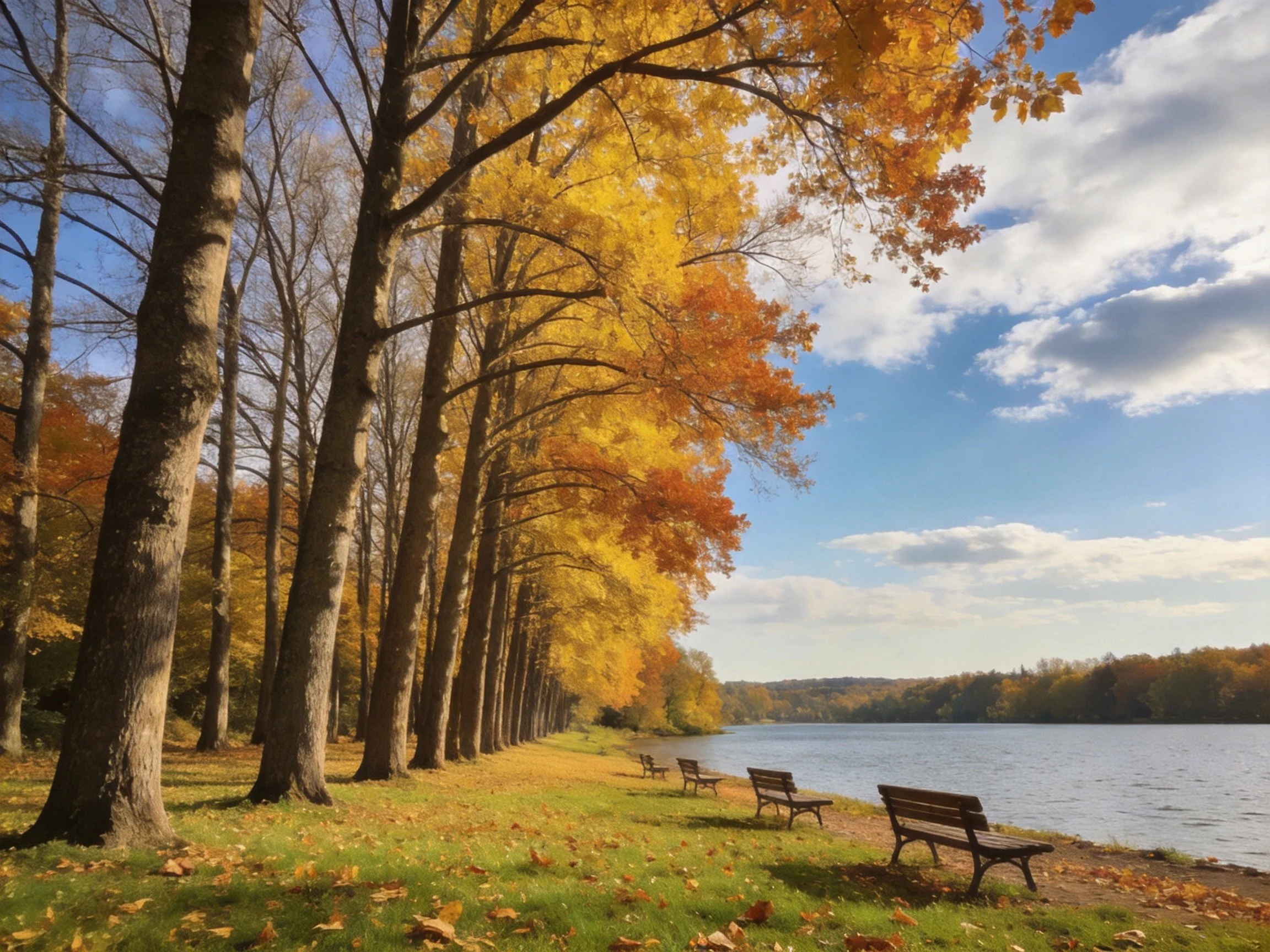 Autumn-colored trees border a lakeside walkway with benches near calm water