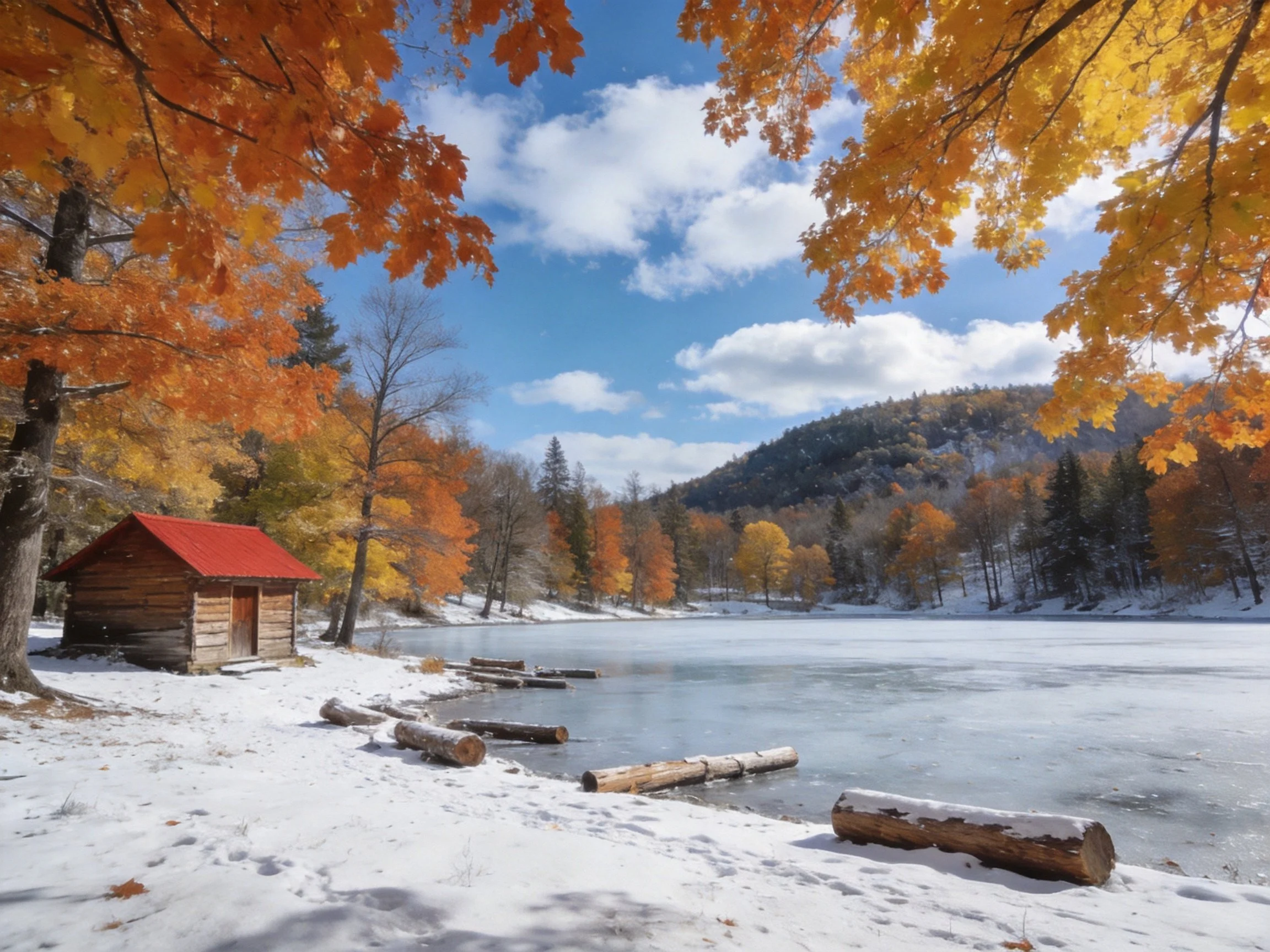 Autumn-colored trees frame a snowy lakeshore with a wooden cabin and icy waters.