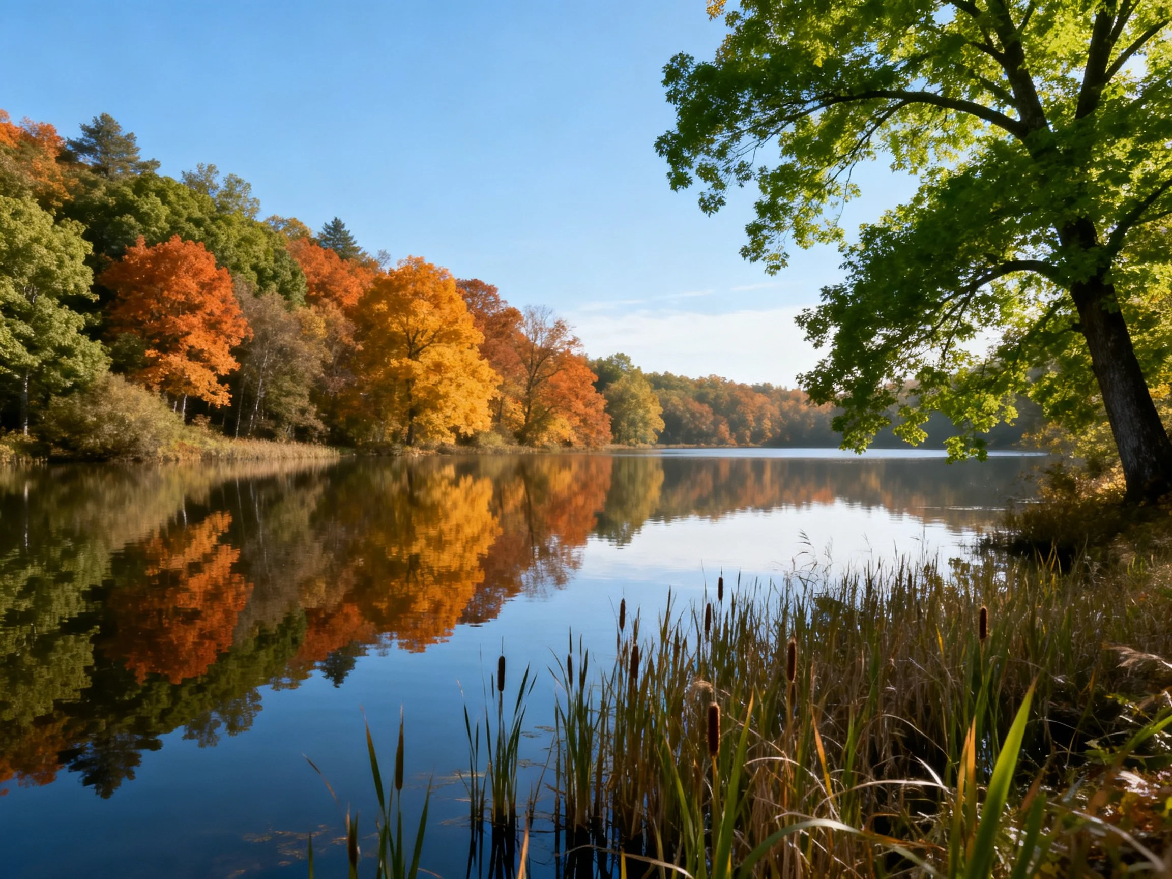 Autumn-colored trees reflect in tranquil lake under clear sky