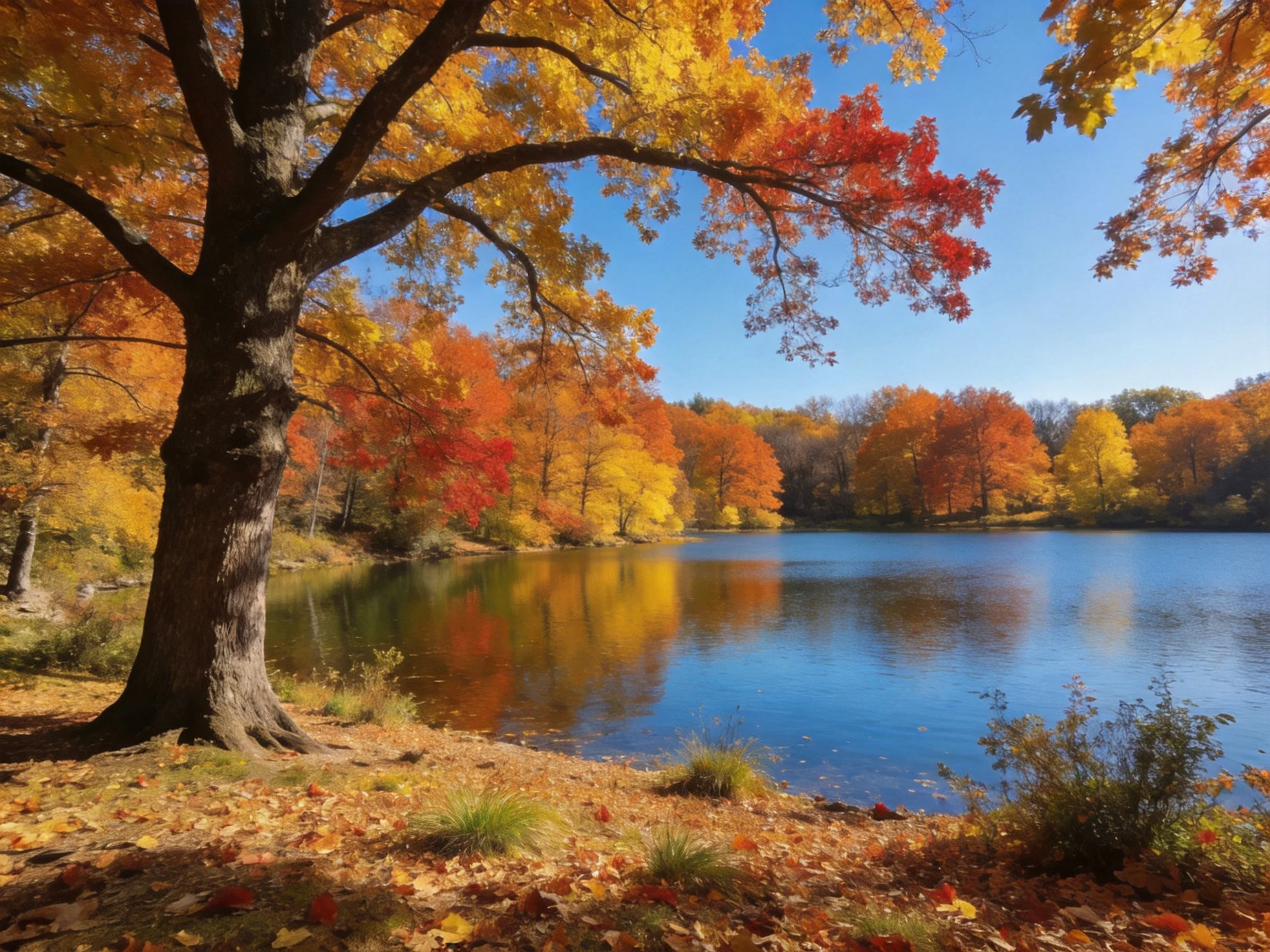 Autumn-colored trees surround a calm lake with golden foliage