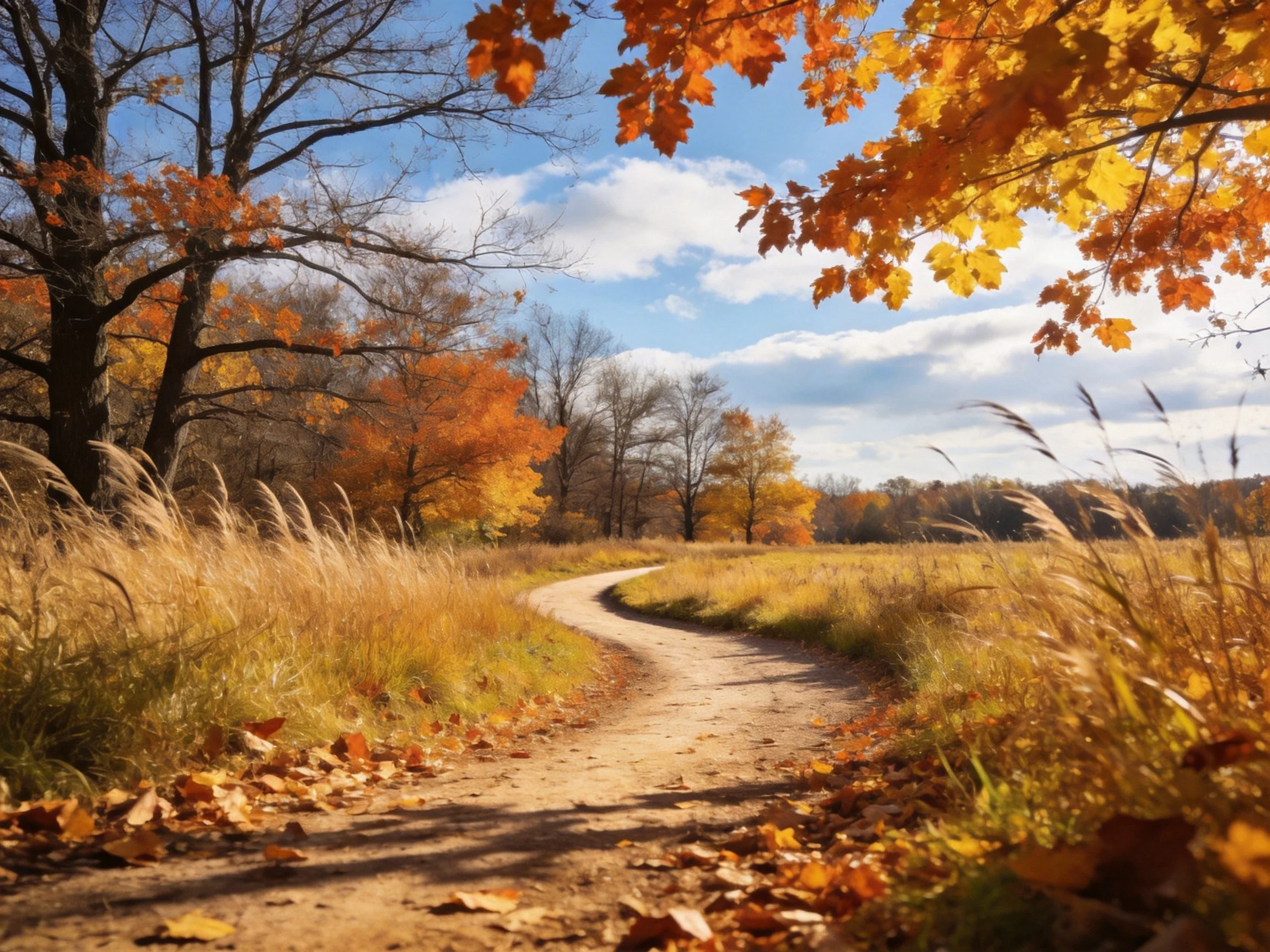 Autumn dirt path winding through golden fields with vibrant orange trees