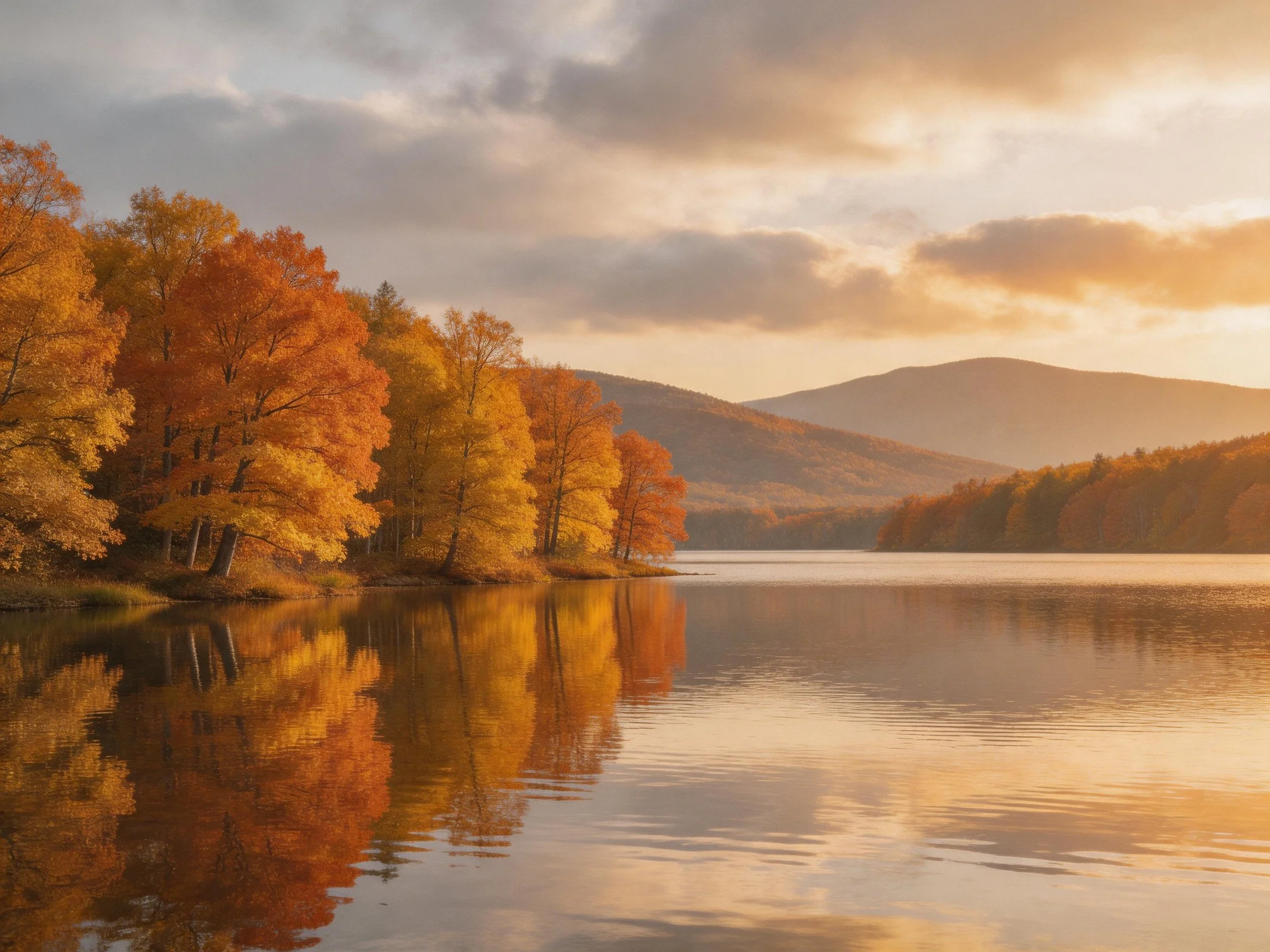 Autumn foliage reflected in tranquil lake waters beside rolling hills