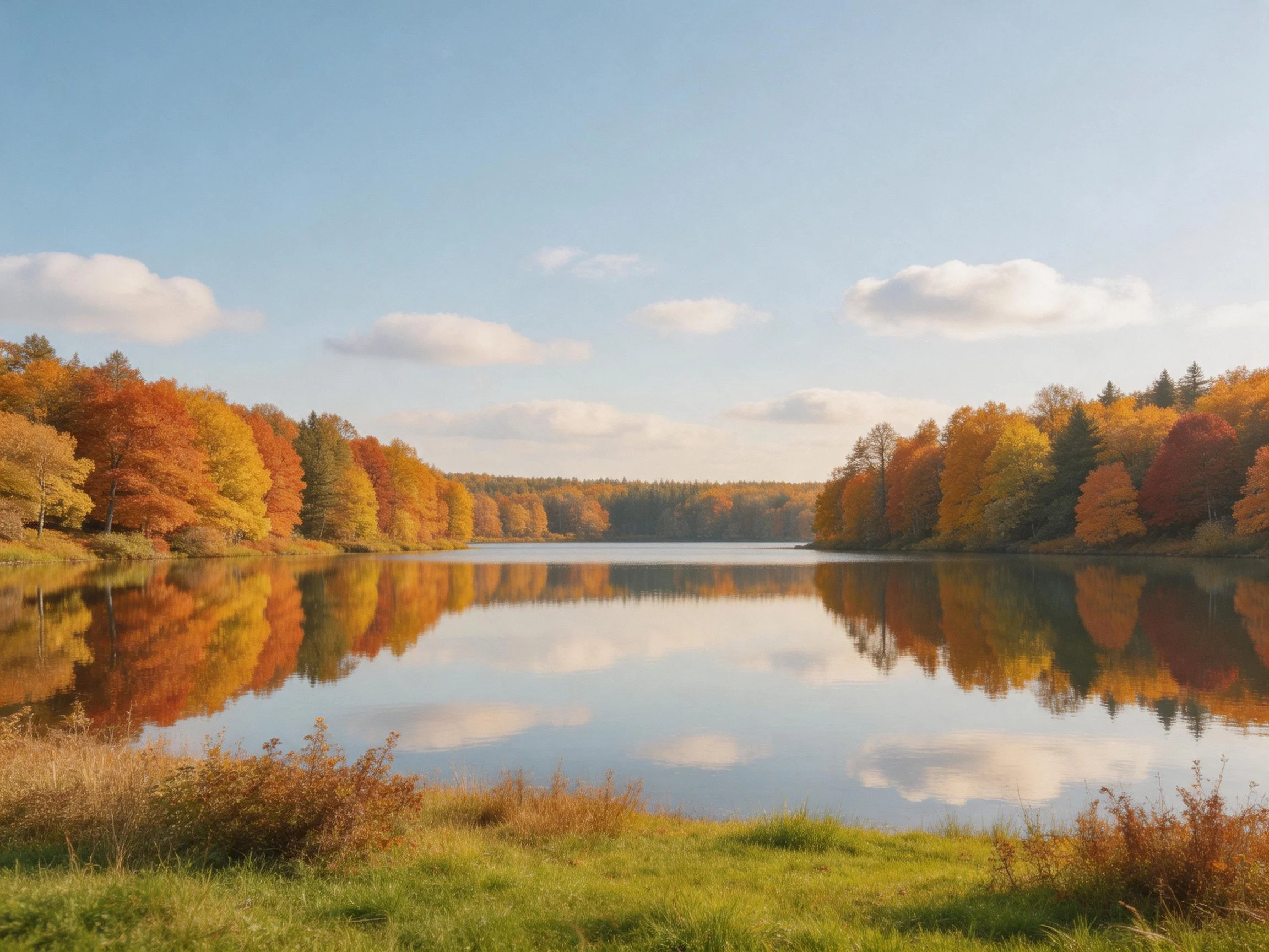 Autumn foliage reflects in a tranquil lake with clear skies.