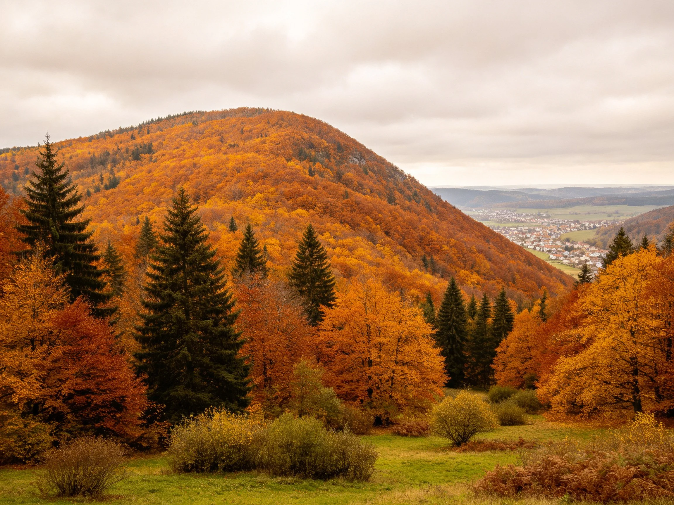 Autumn forest blankets rolling hill near distant town