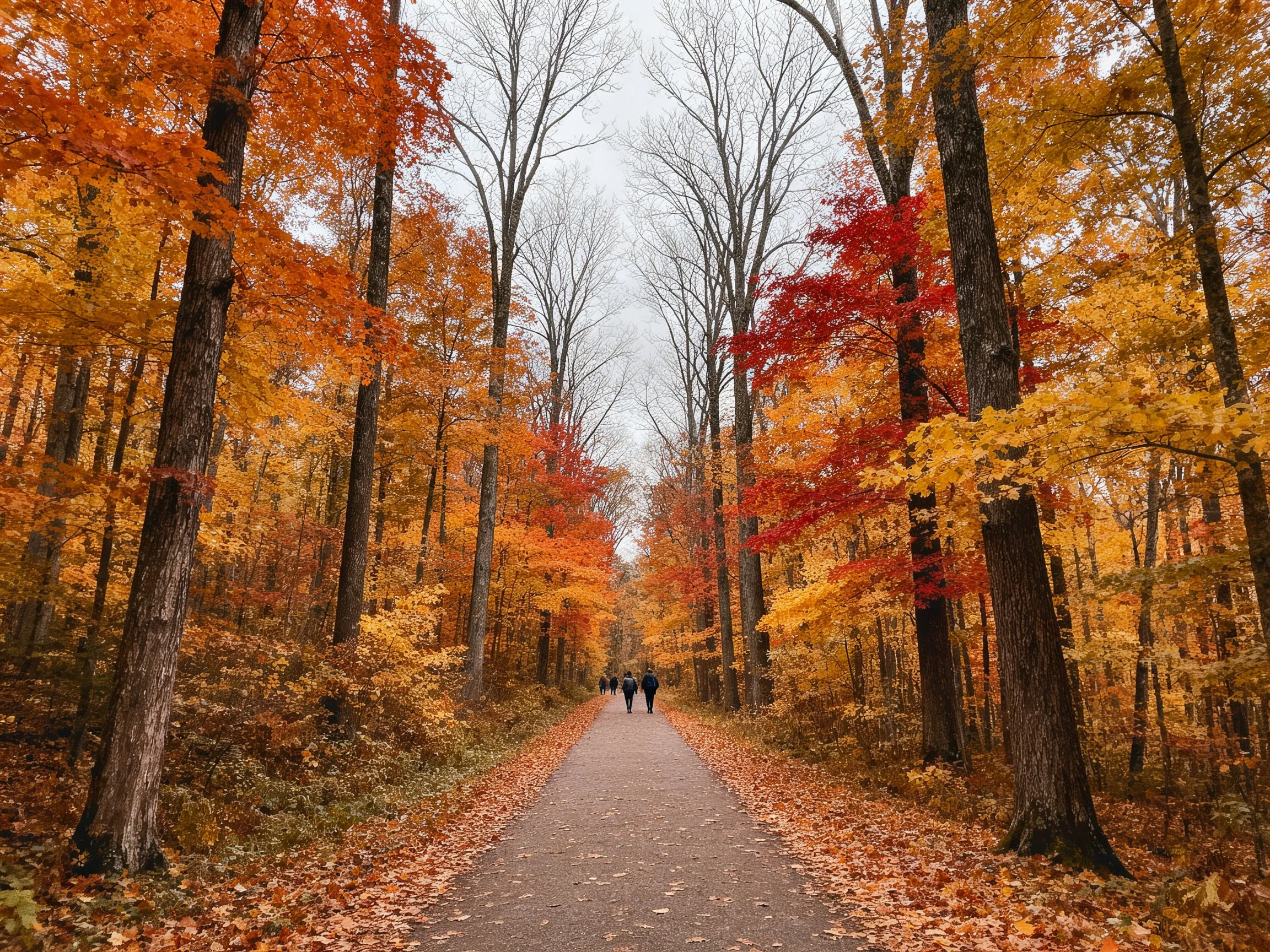 Autumn forest path lined with colorful fall trees, two walkers