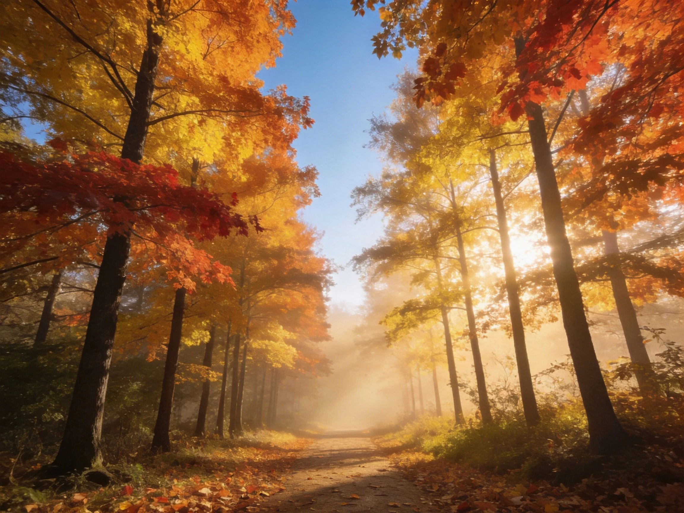 Autumn forest path lined with golden and crimson foliage