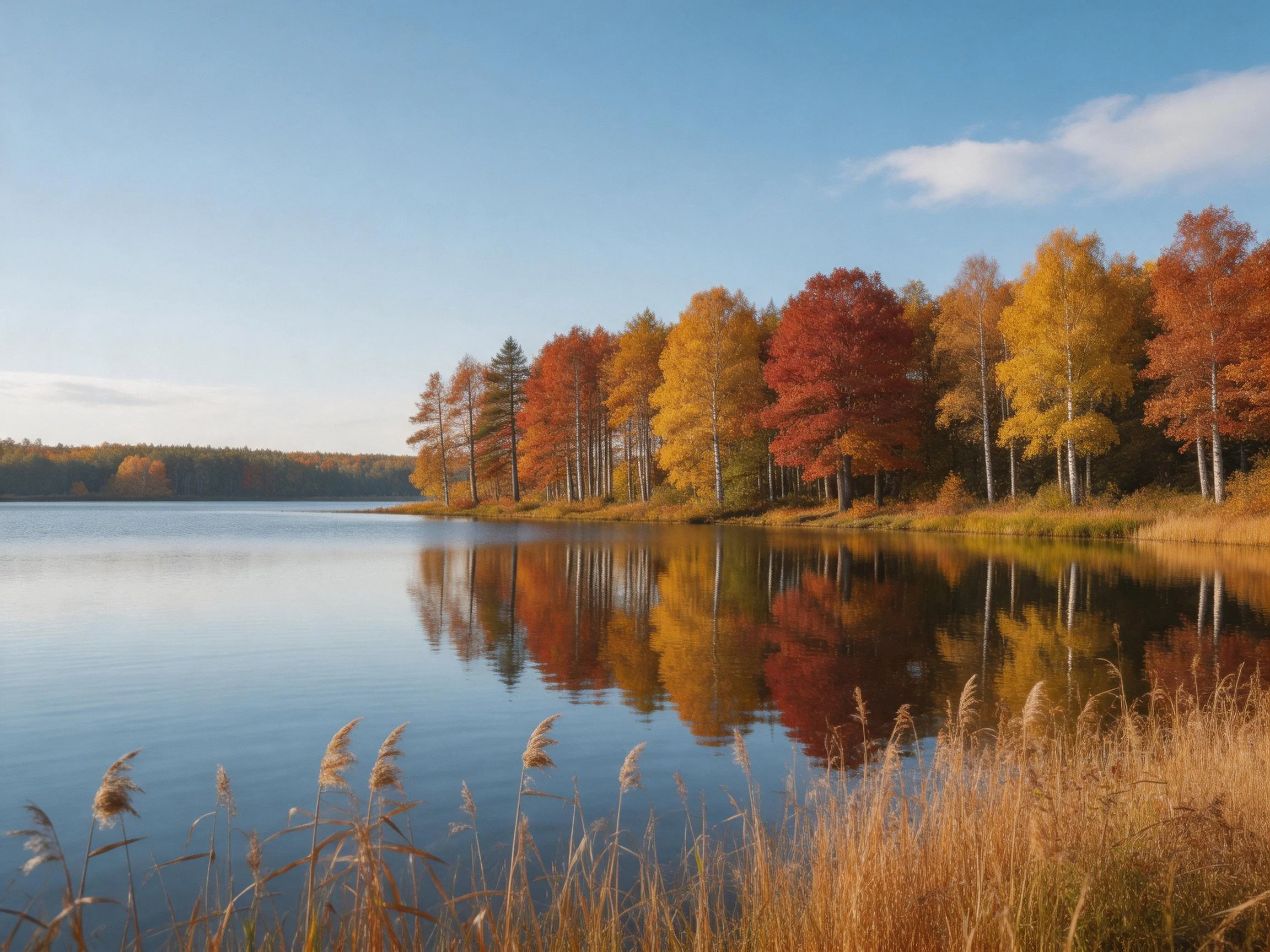 Autumn forest reflected in calm blue lake waters