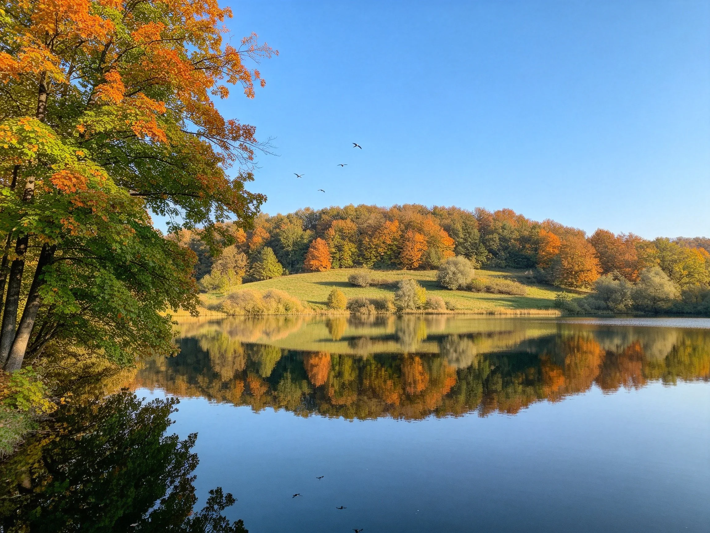 Autumn forest reflected in calm lake waters under clear blue sky