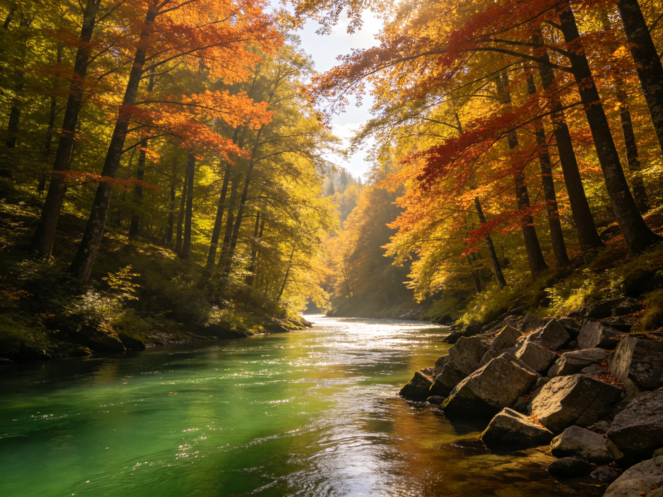 Autumn forest stream with golden-orange foliage and turquoise water