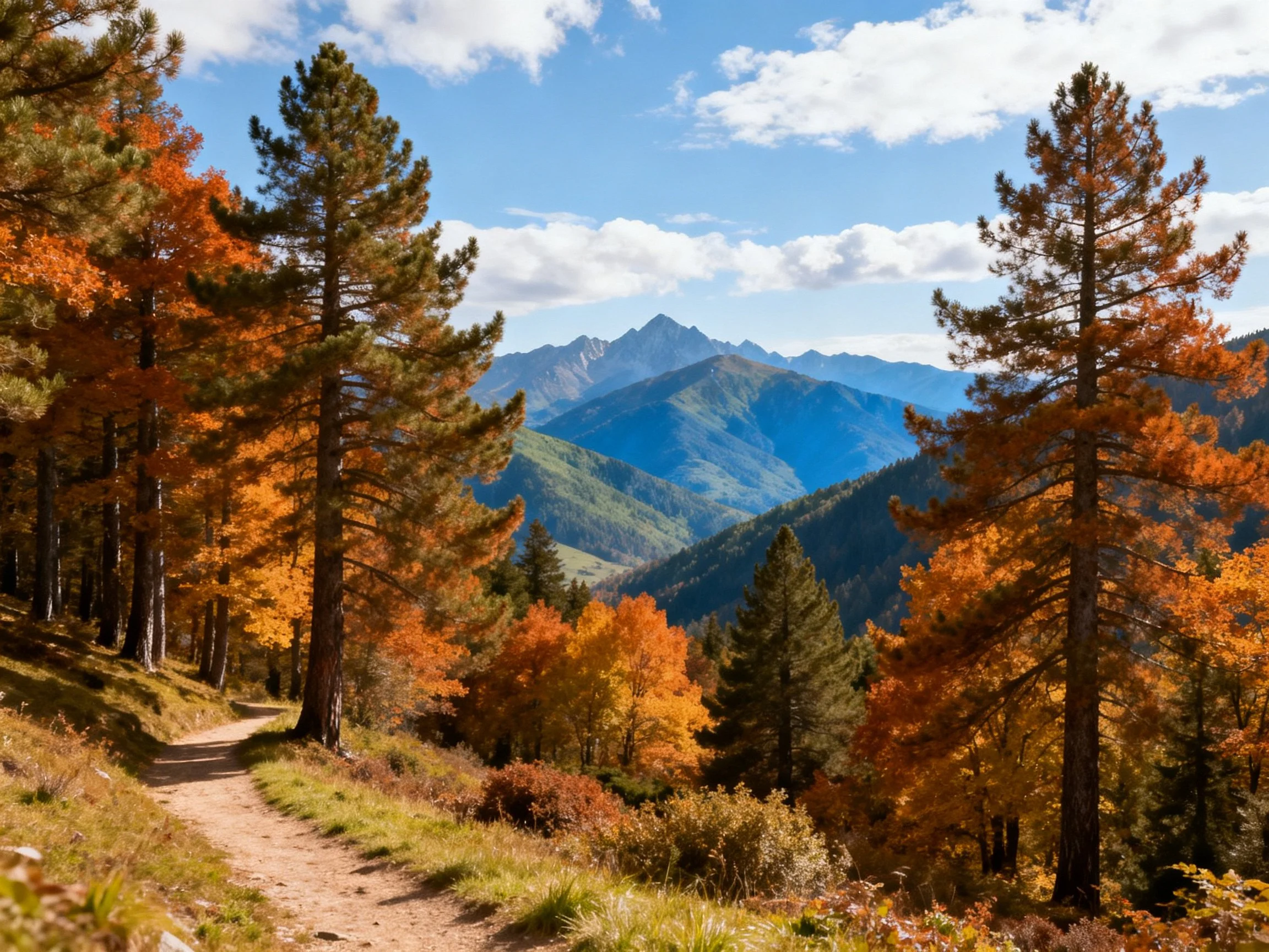 Autumn forest trail with golden-orange trees and mountain