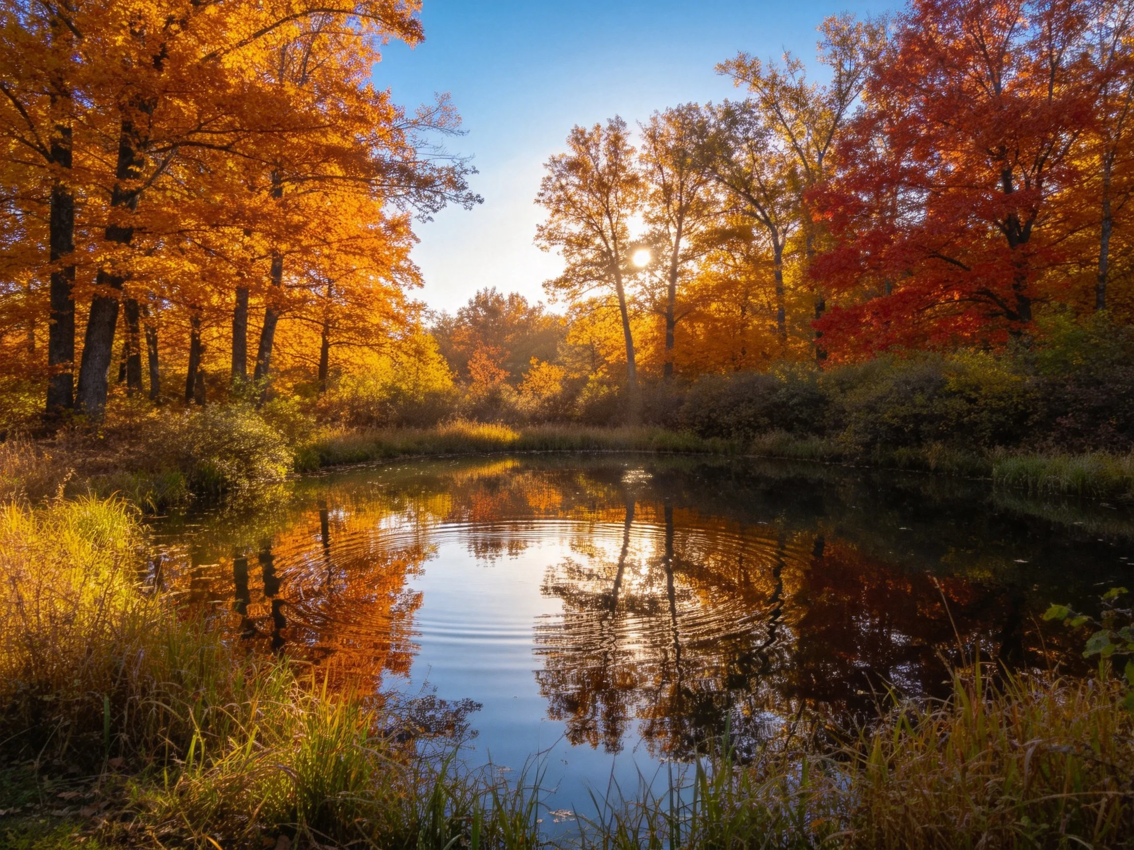 Autumn forest with golden maple trees reflecting in calm pond waters