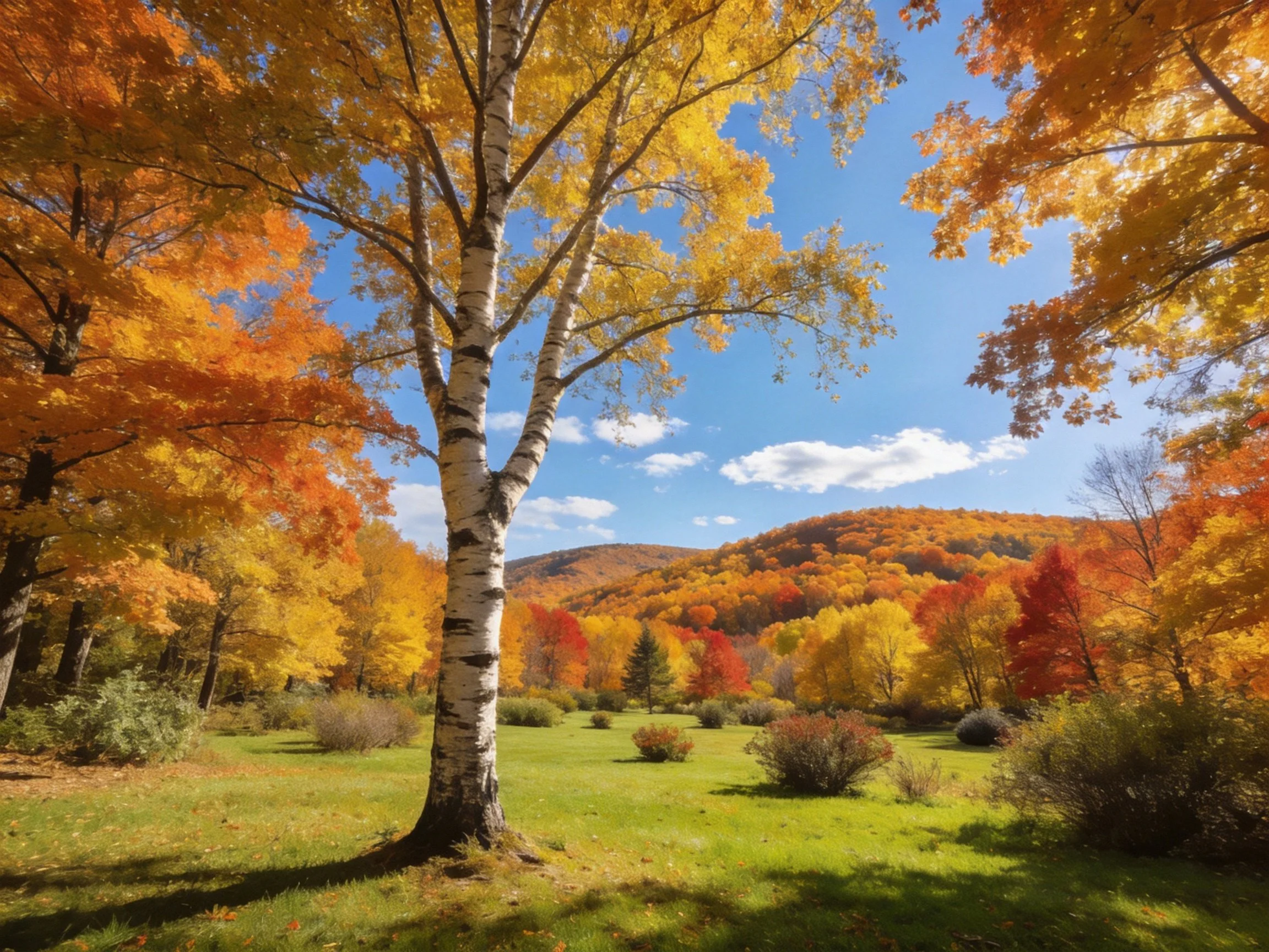 Autumn forest with golden, orange, red foliage and a white-barked tree