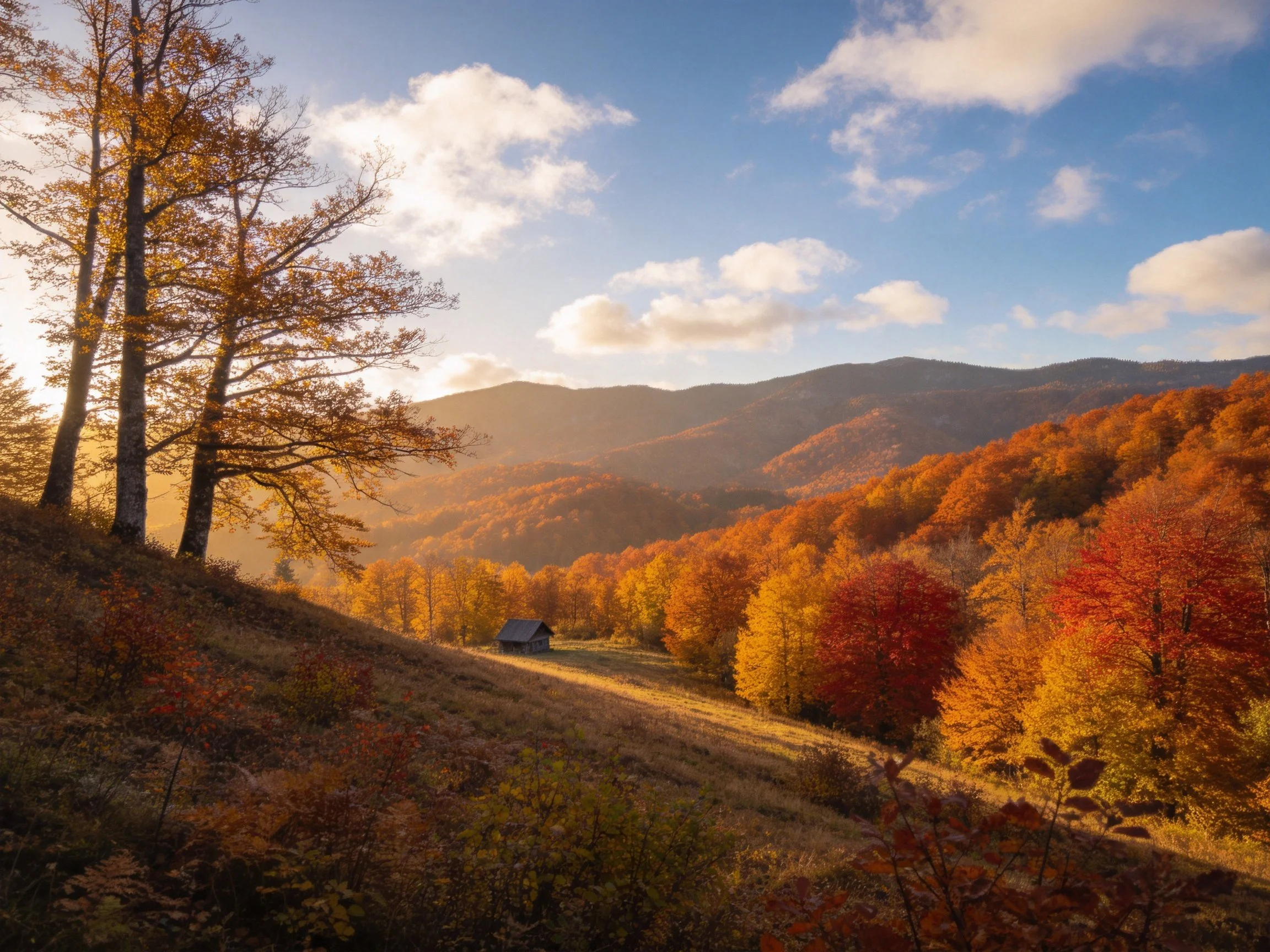 Autumn forest with golden-red trees and distant mountains