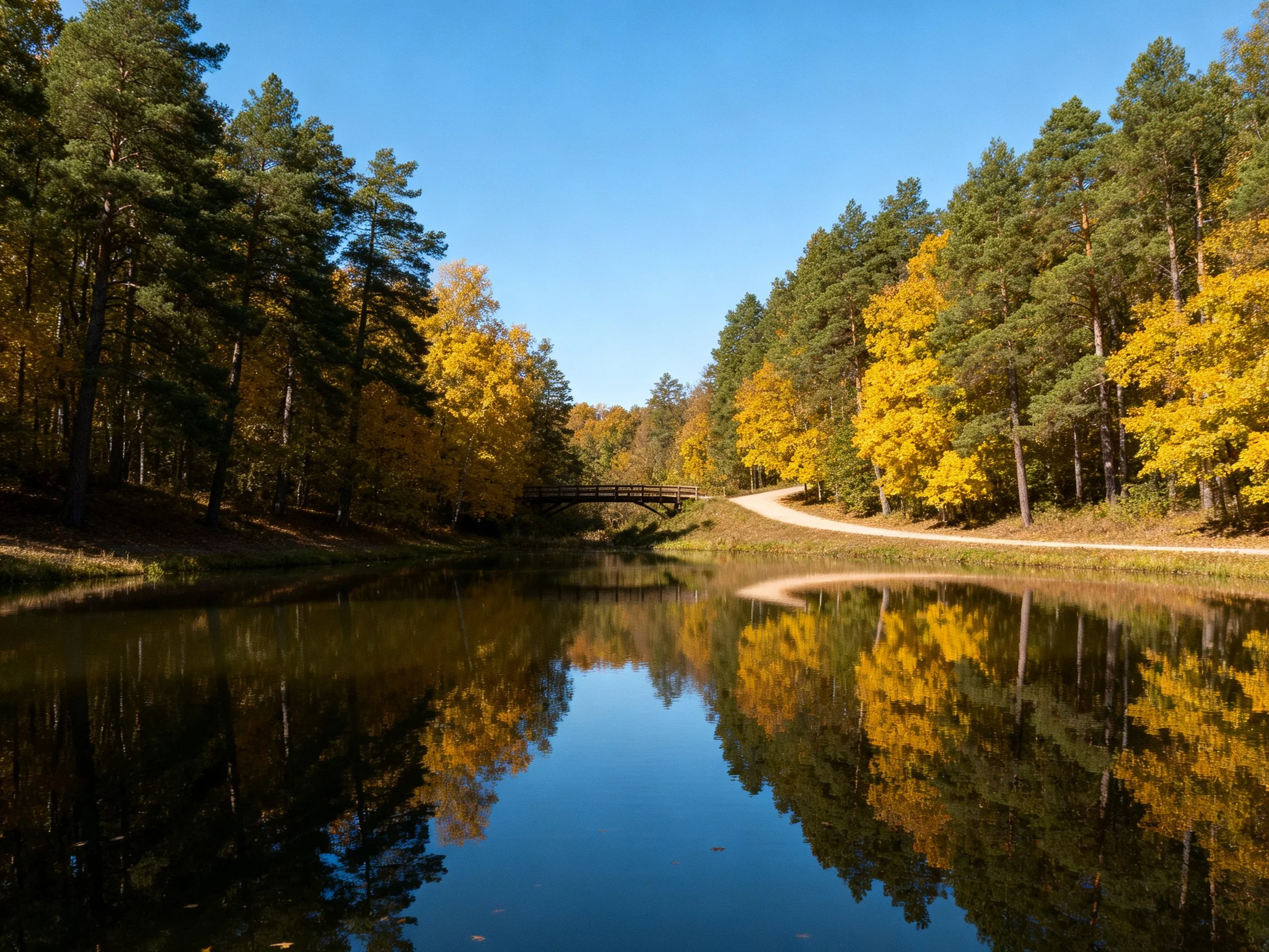 Autumn forest with golden trees, calm lake reflection, winding path