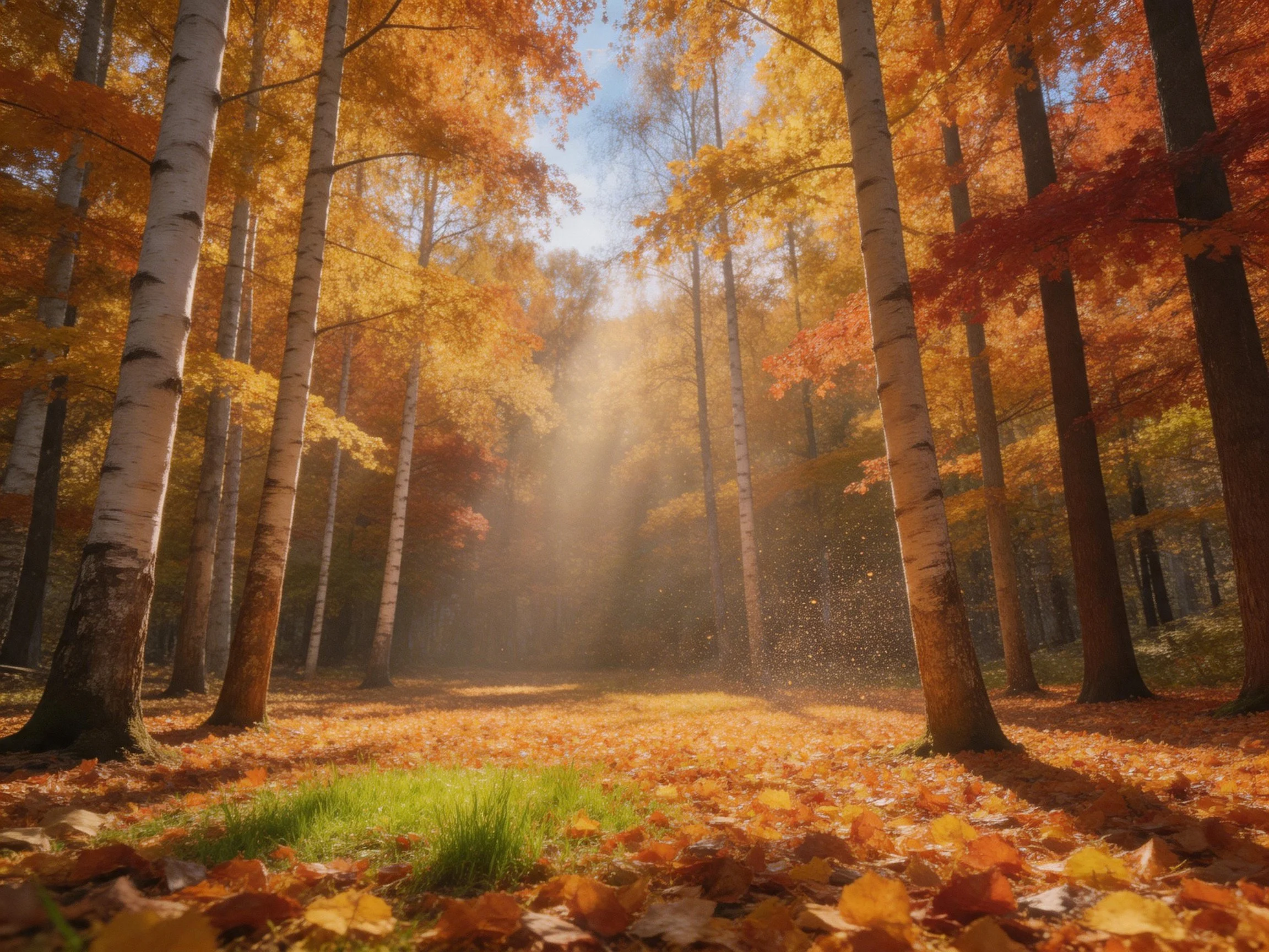Autumn forest with tall birch trees and golden-orange foliage