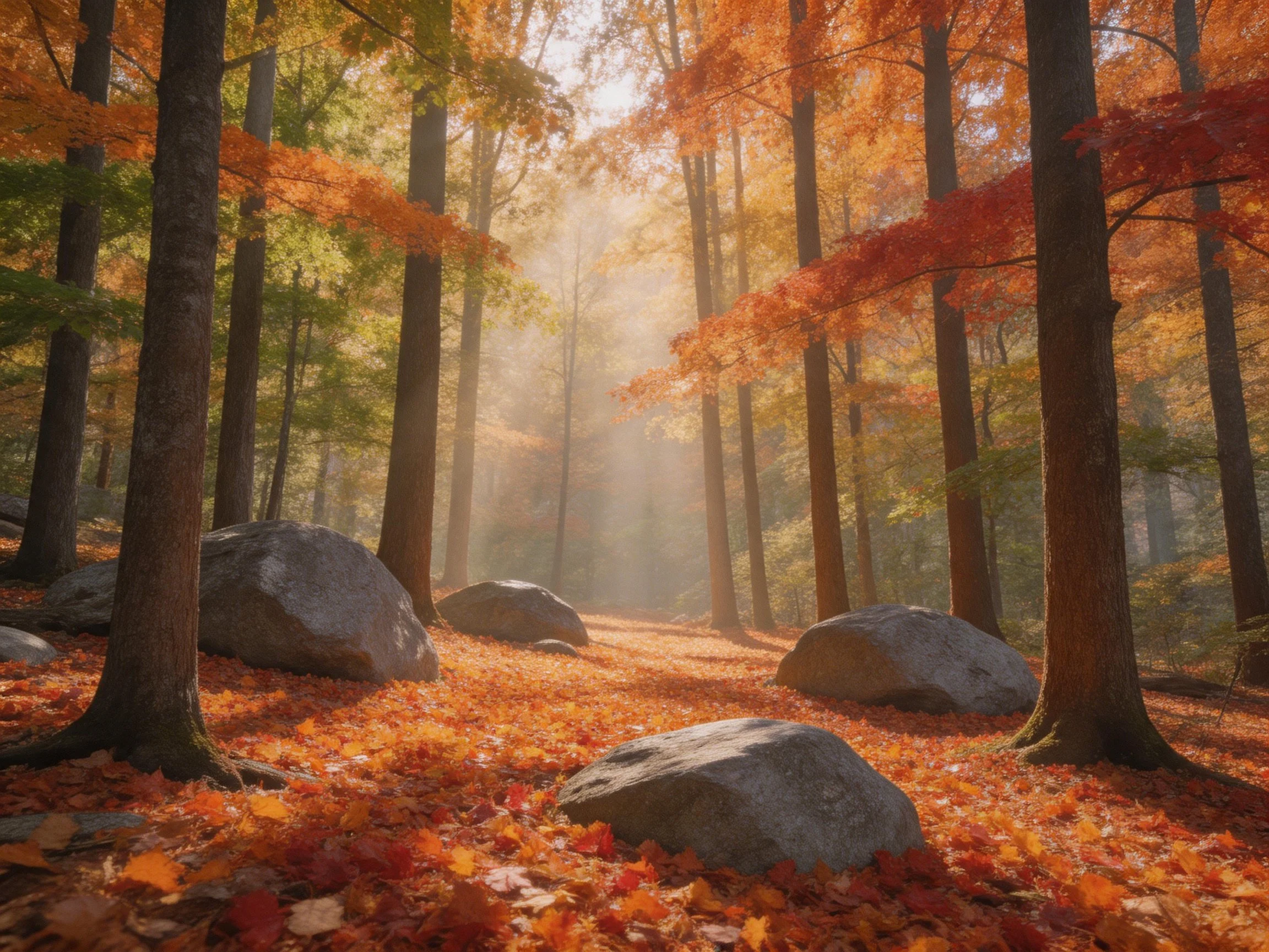 Autumn forest with tall trees, colorful foliage, and large boulders.