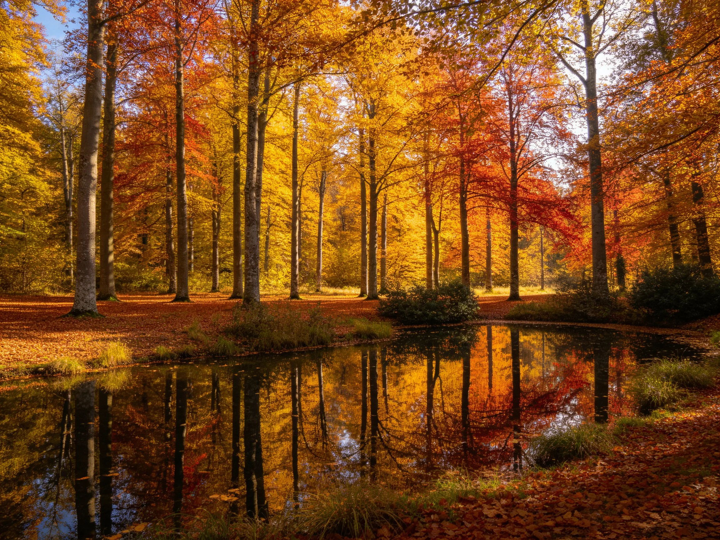 Autumn forest with vibrant fall foliage reflected in calm water