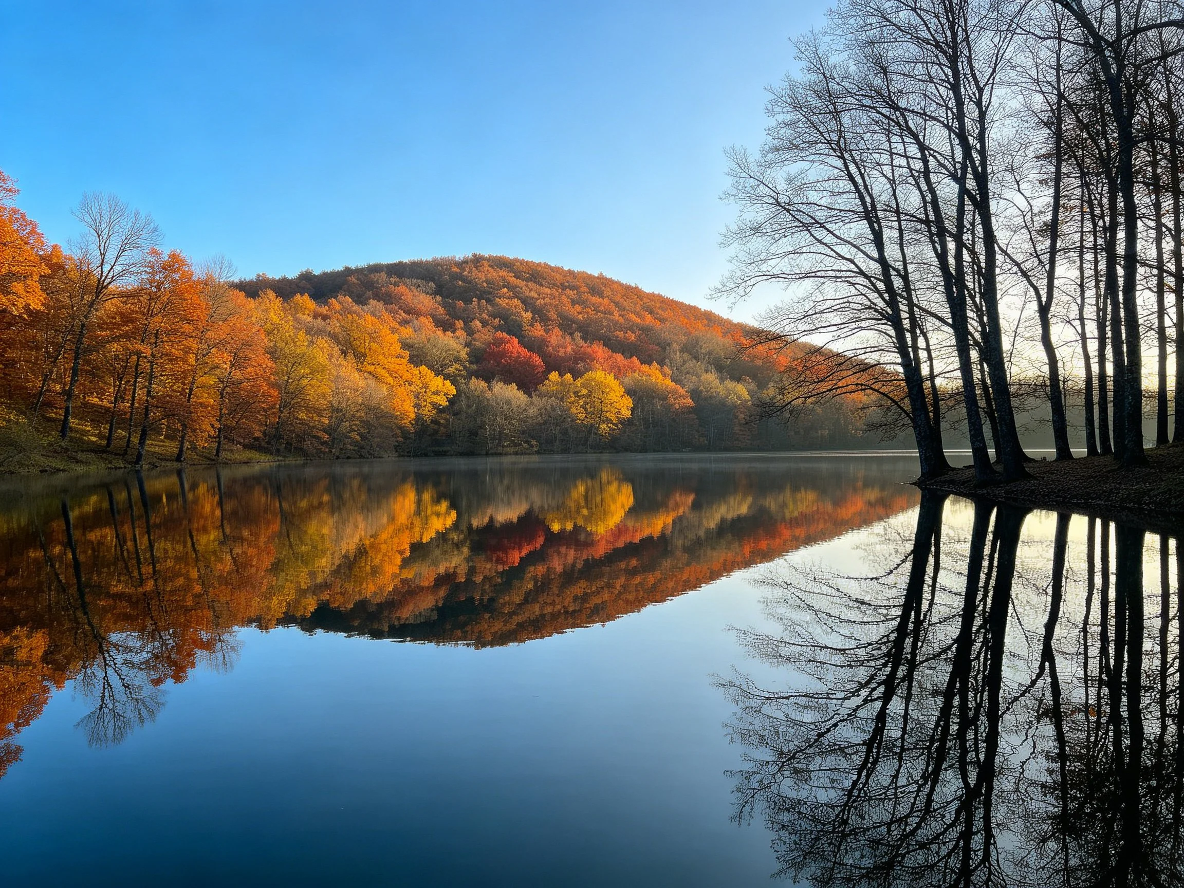Autumn hills with colorful foliage reflected in calm lake