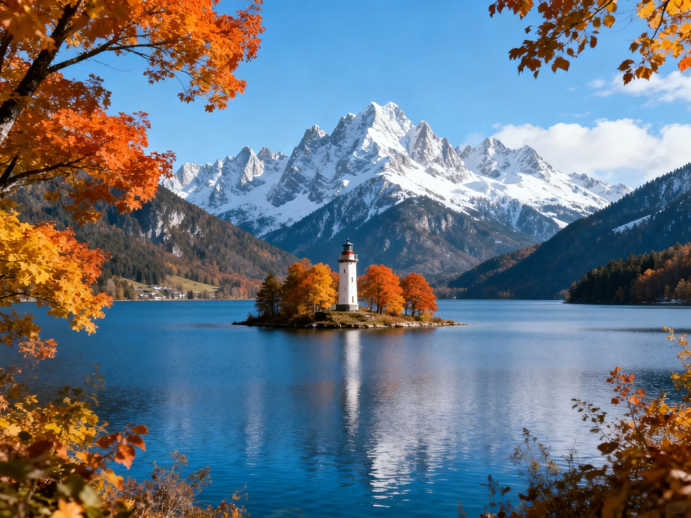 Autumn-hued trees surround a lighthouse island with snow-capped mountains
