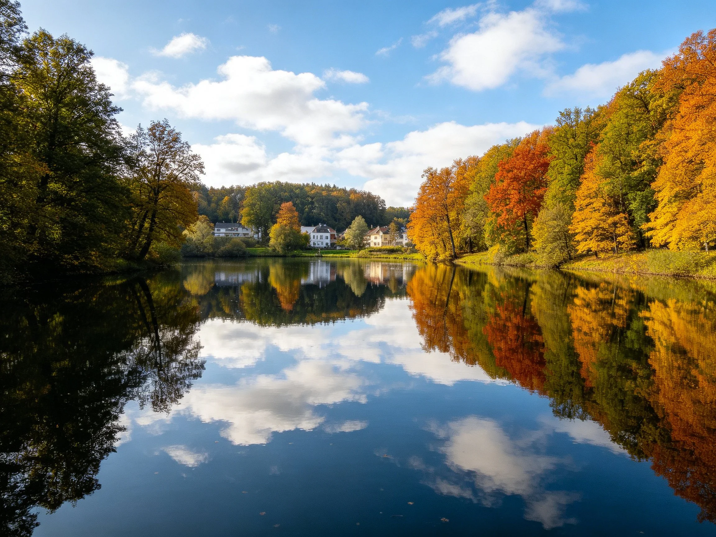 Autumn landscape with vibrant foliage reflecting in calm lake waters