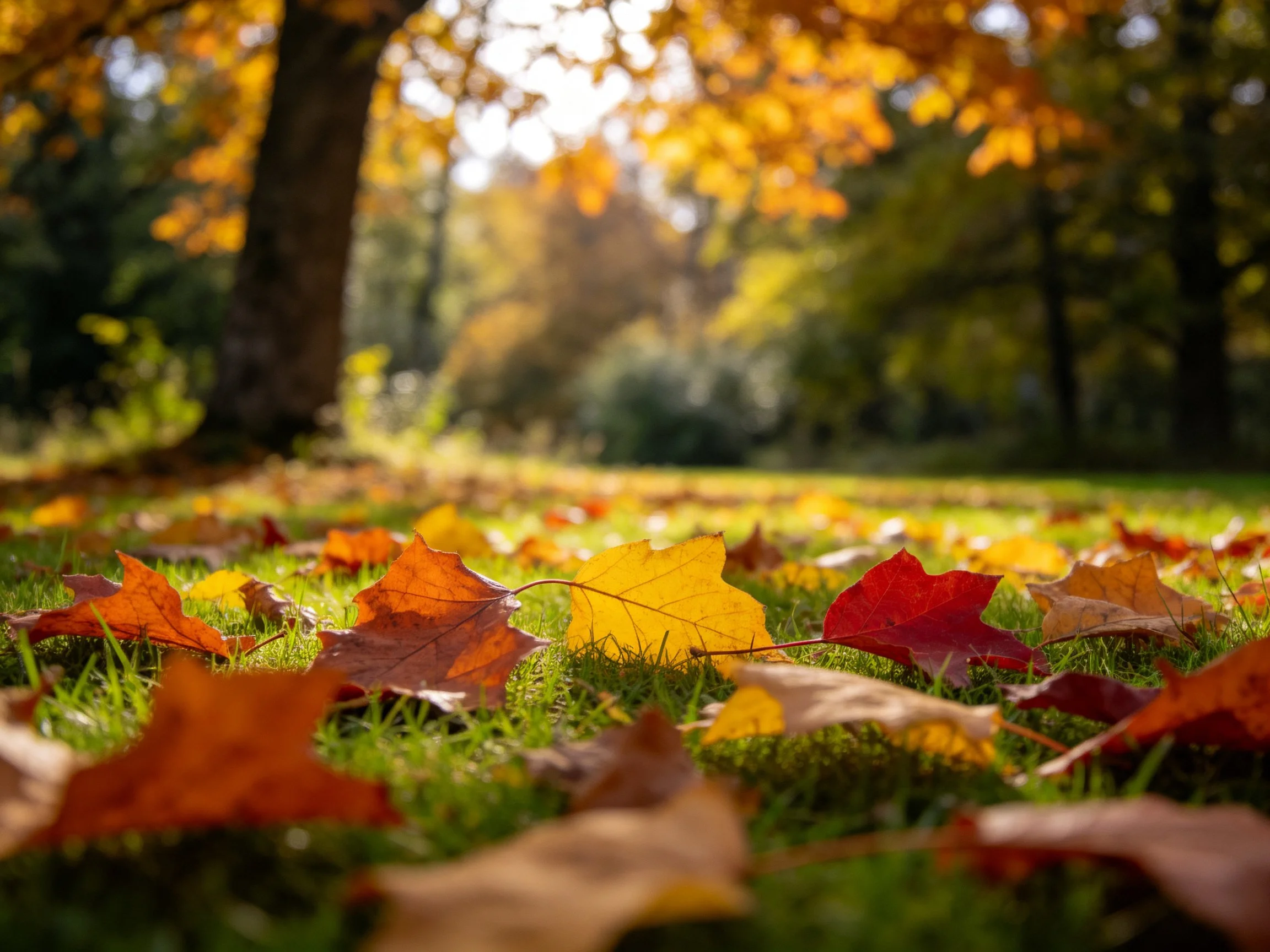 Autumn leaves in golden, crimson, brown scatter over sunlit grass near large tree