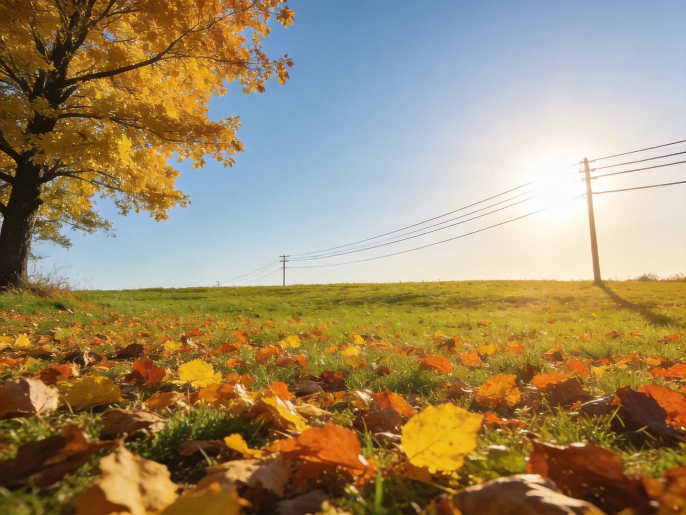 Autumn leaves scatter on sun-drenched grass near a golden-hued tree