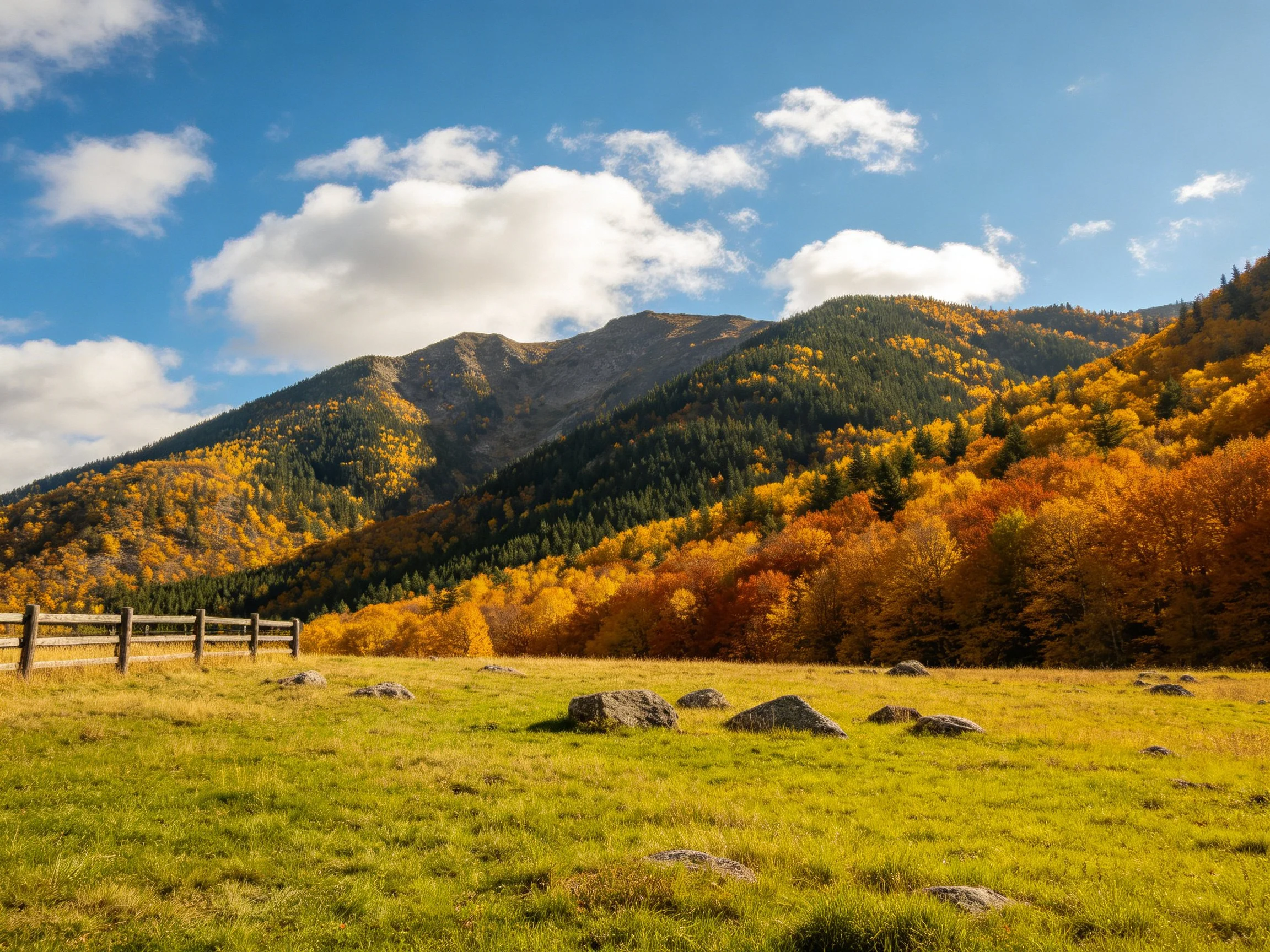 Autumn mountain landscape with golden forests and grassy meadow