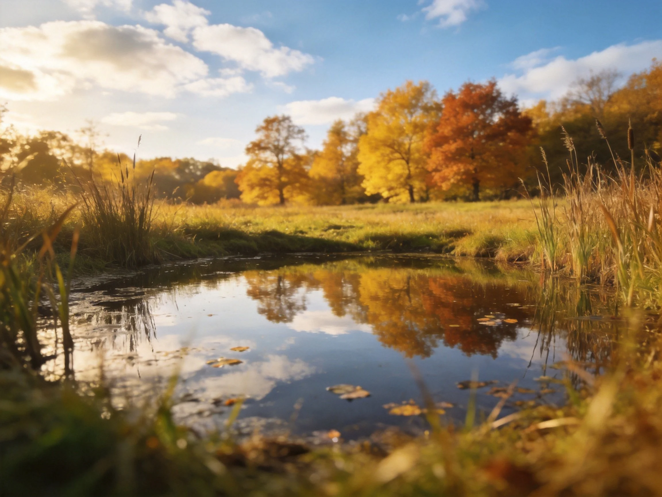 Autumn pond reflects golden trees and clear sky