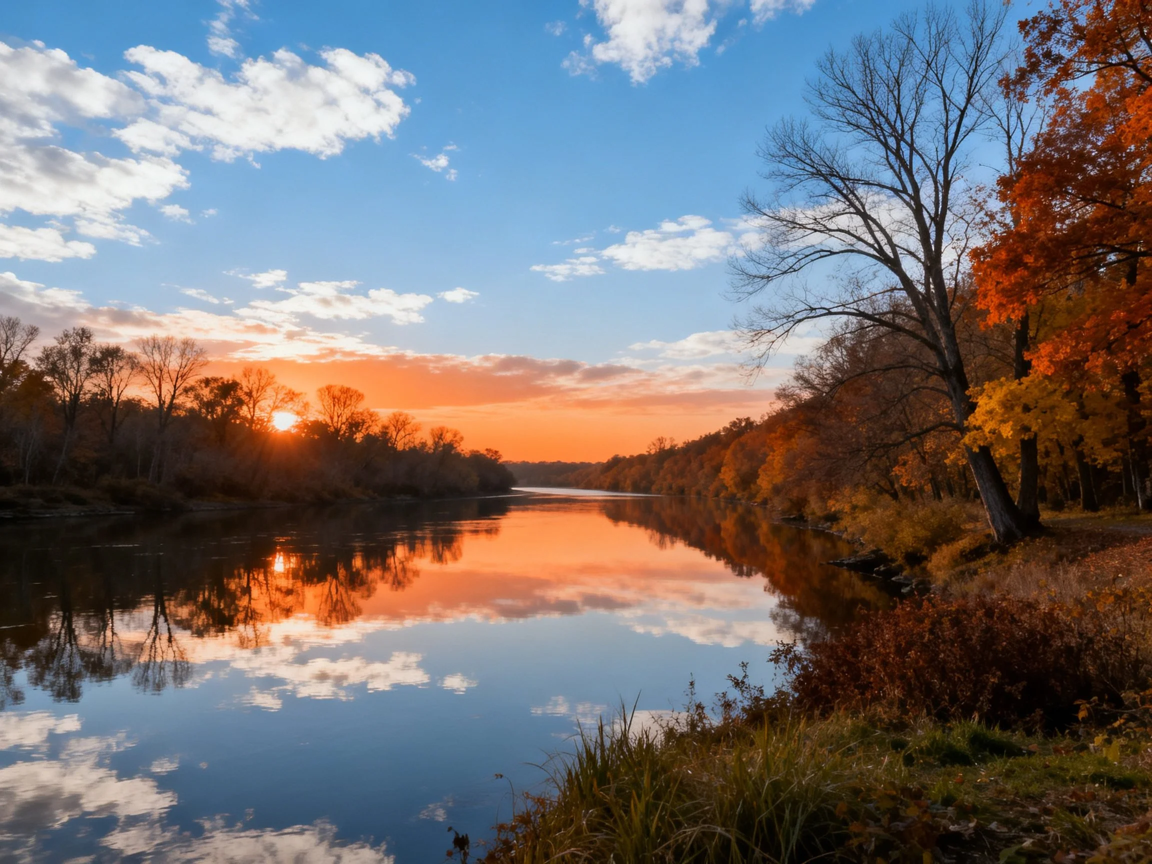 Autumn sunset over a calm river with colorful foliage