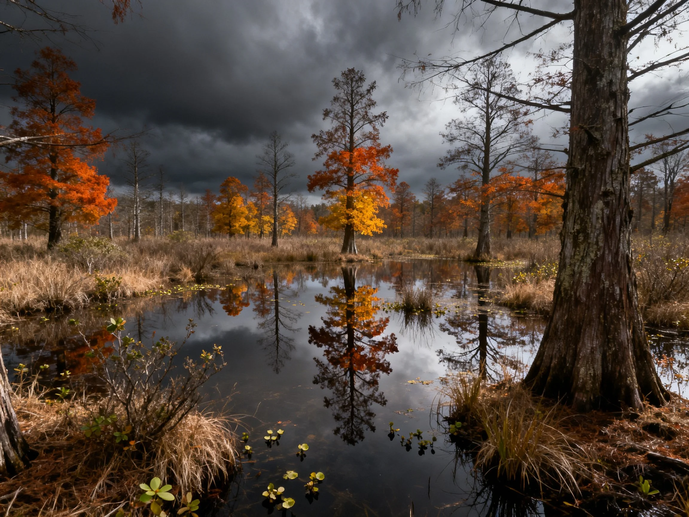 Autumn swamp with vibrant fall trees reflecting under stormy skies
