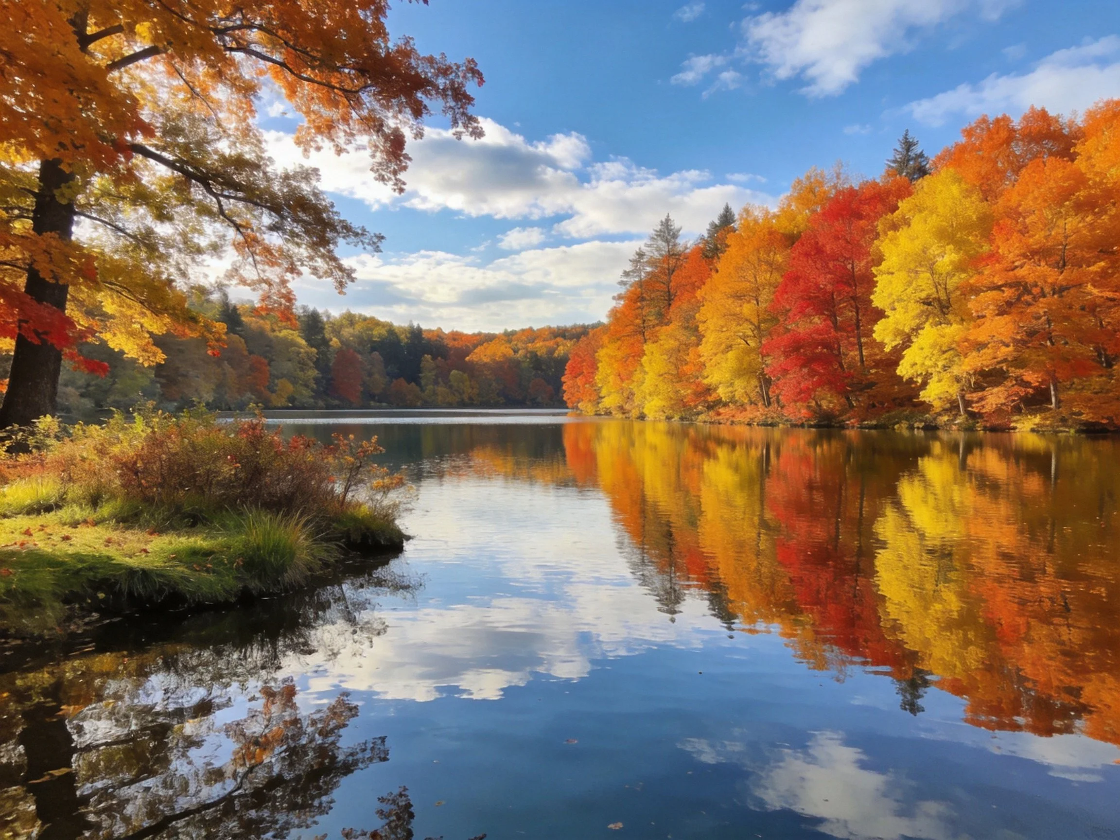 Autumn trees colorful foliage reflects in tranquil lake