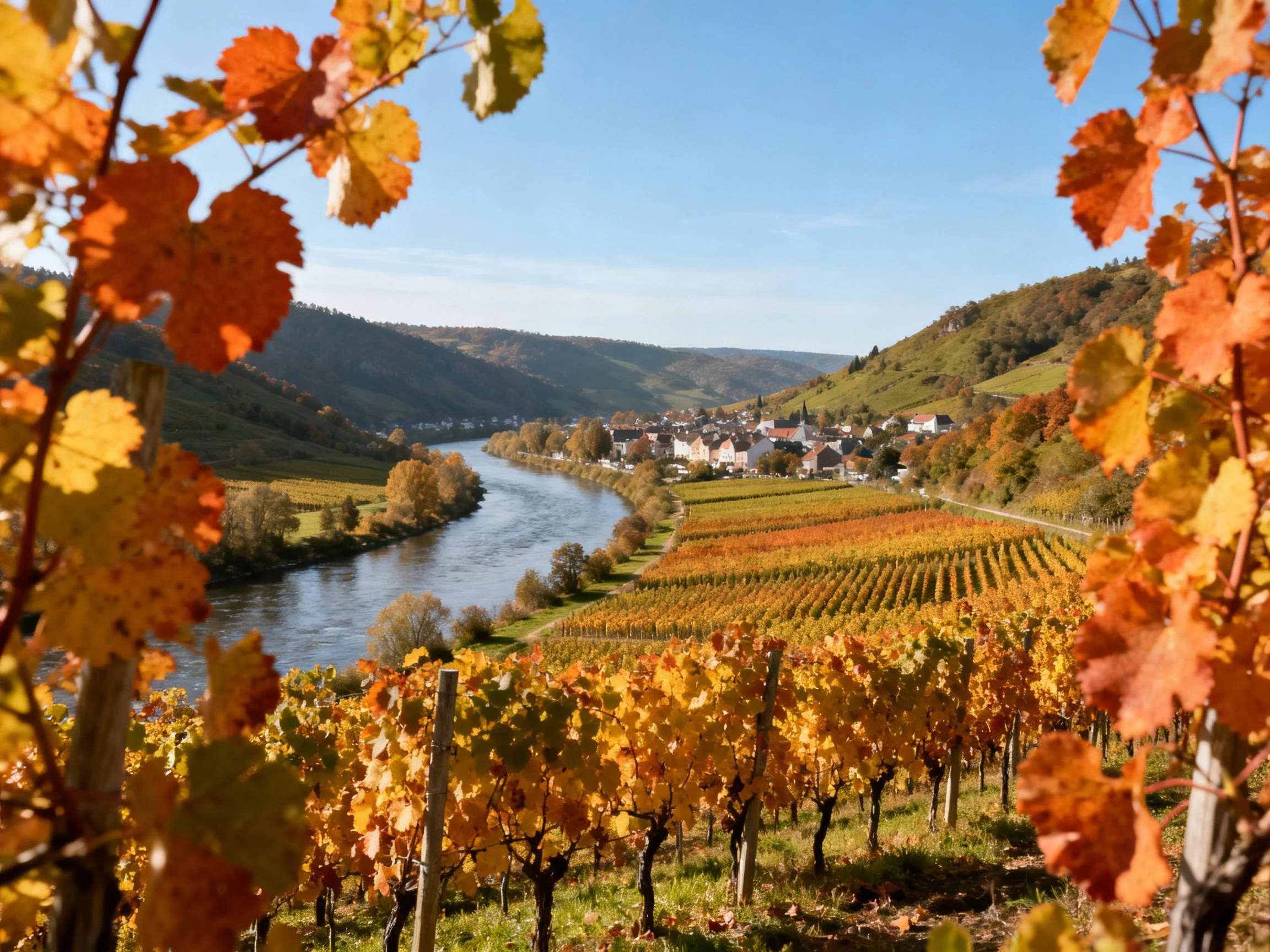Autumn vineyards border a winding river near a hillside town