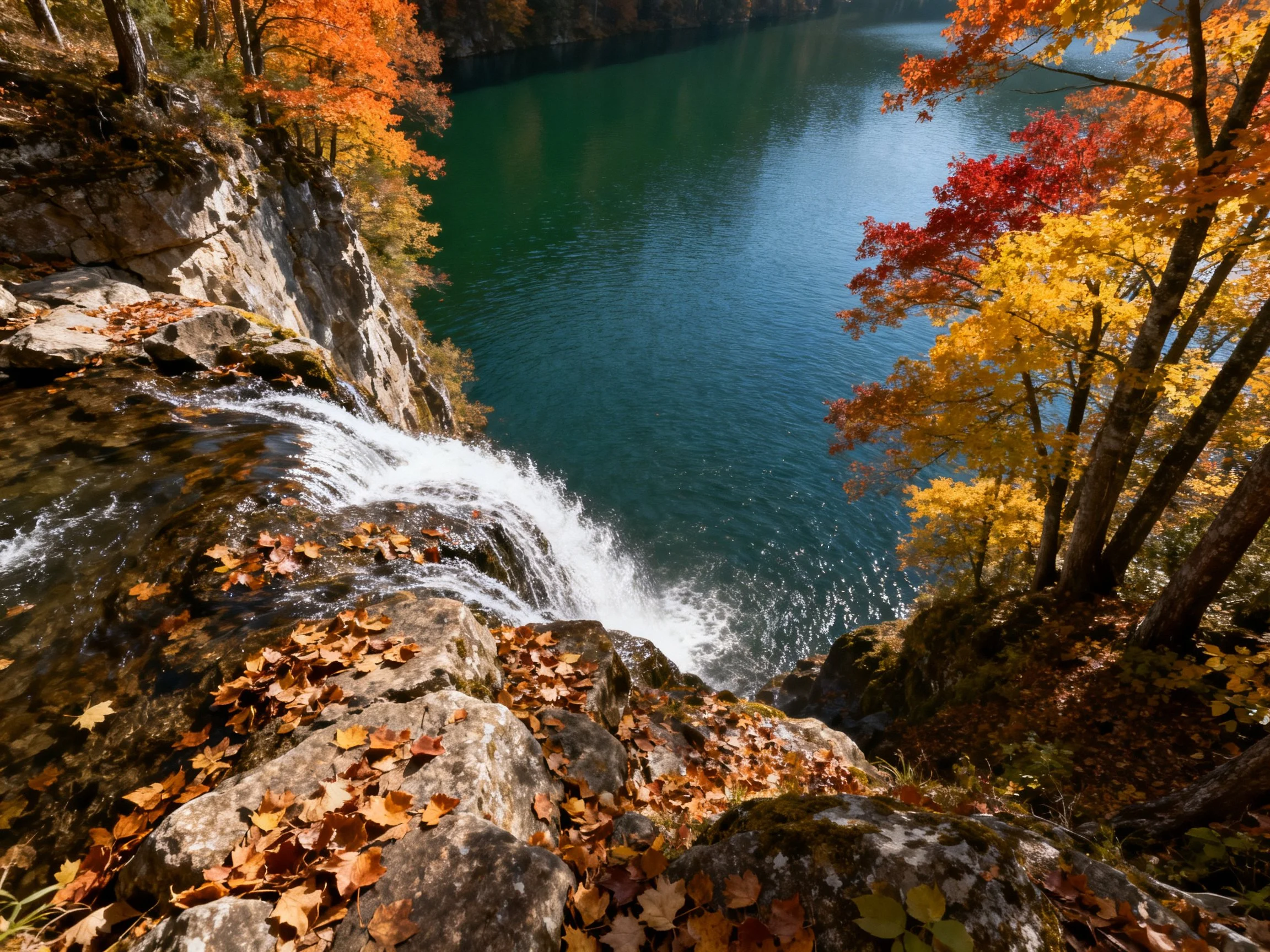Autumn waterfall flows over rocky cliff into deep green lake