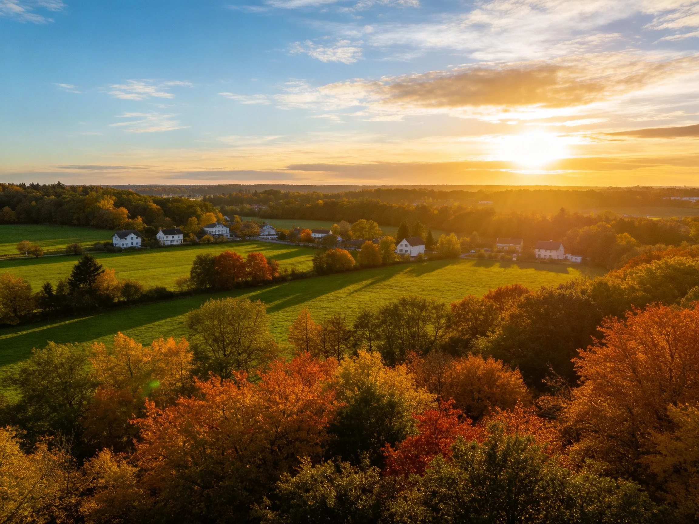 Autumnal Countryside Sunset with White Homes and Golden Fields