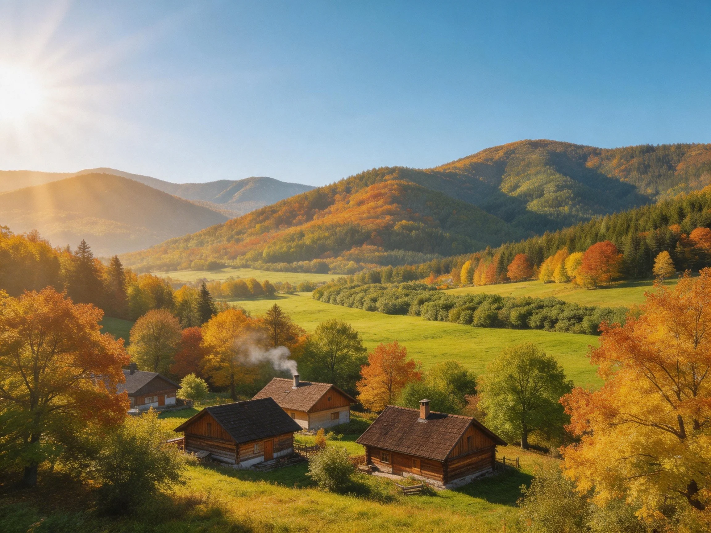 Autumnal Countryside with Wooden Homes and Rolling Hills