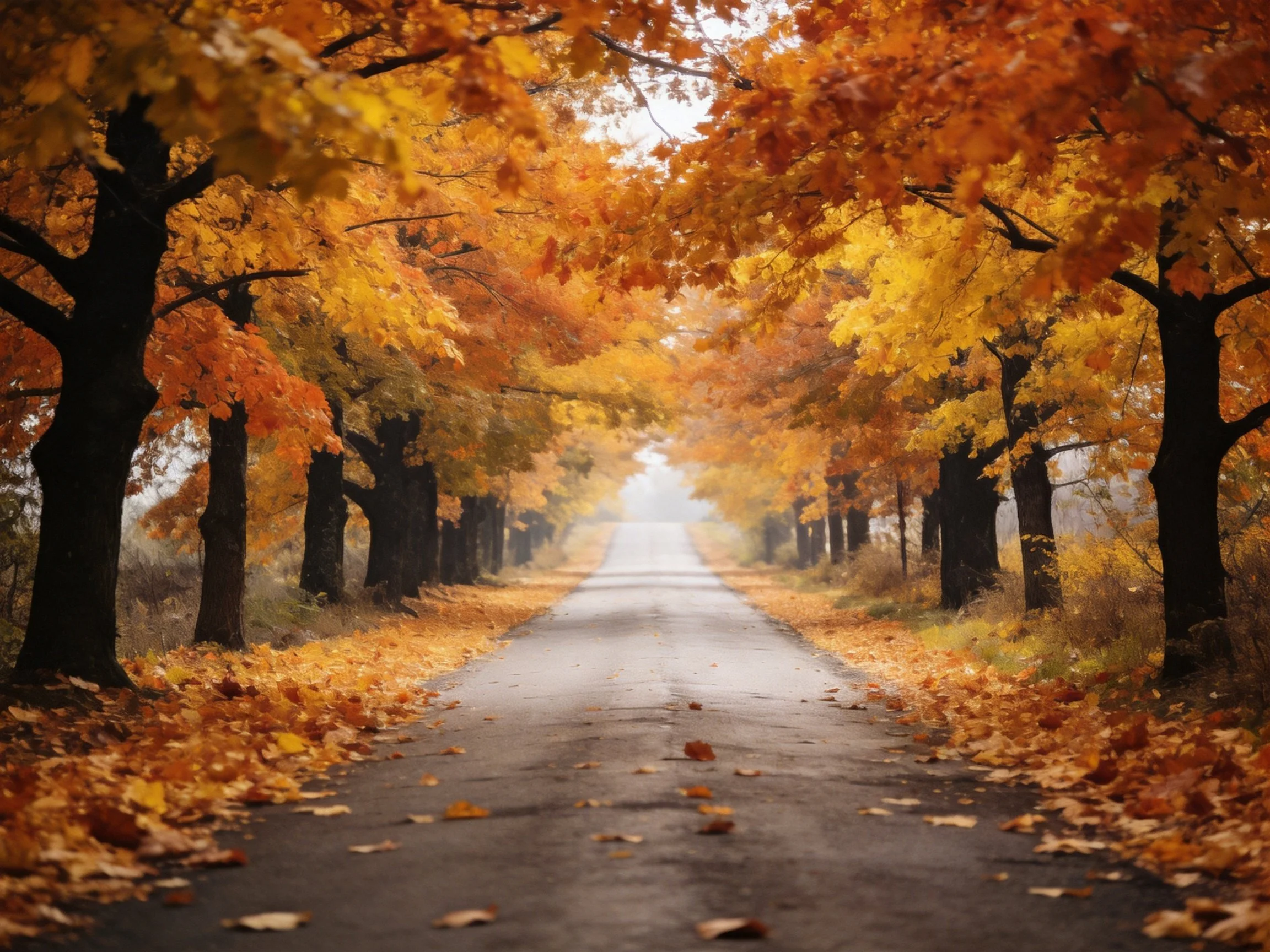 Autumnal Road Framed by Golden & Orange Trees
