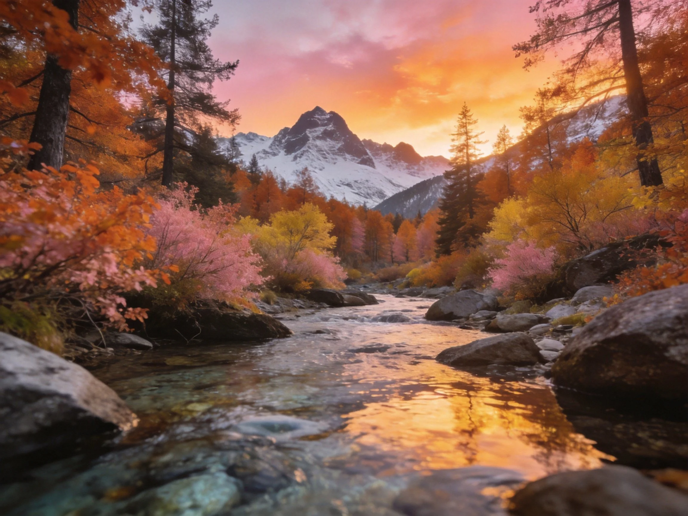 Autumnal forest with a winding stream near snow-capped mountains at sunset